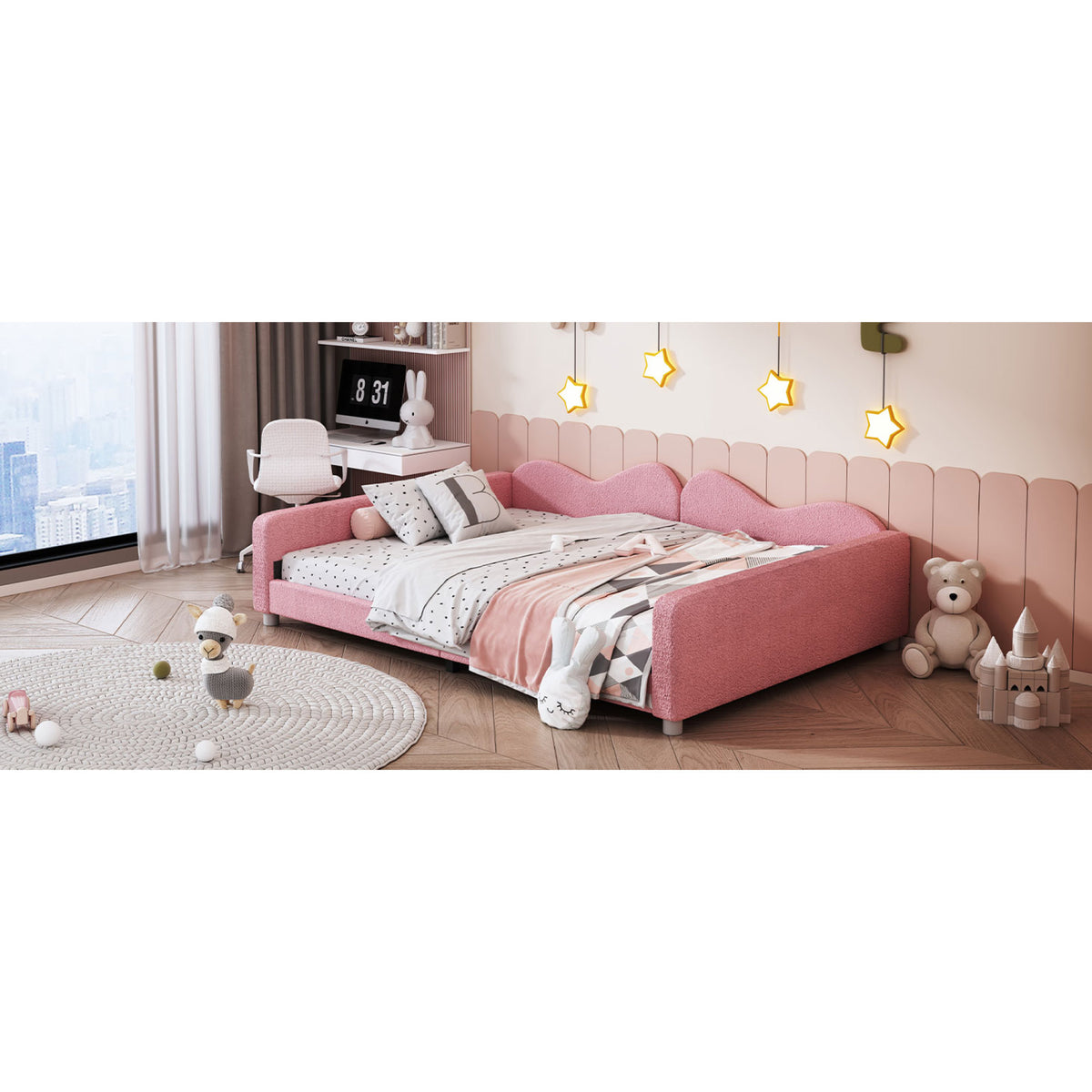 variant-group:rf-n733p234605h|Roomfitters Full Size Upholstered Daybed, Sherpa Fabric Sofa Bed with Cloud-Shaped Backrest, Sturdy and Stylish Design, No Box Spring Needed, Pink