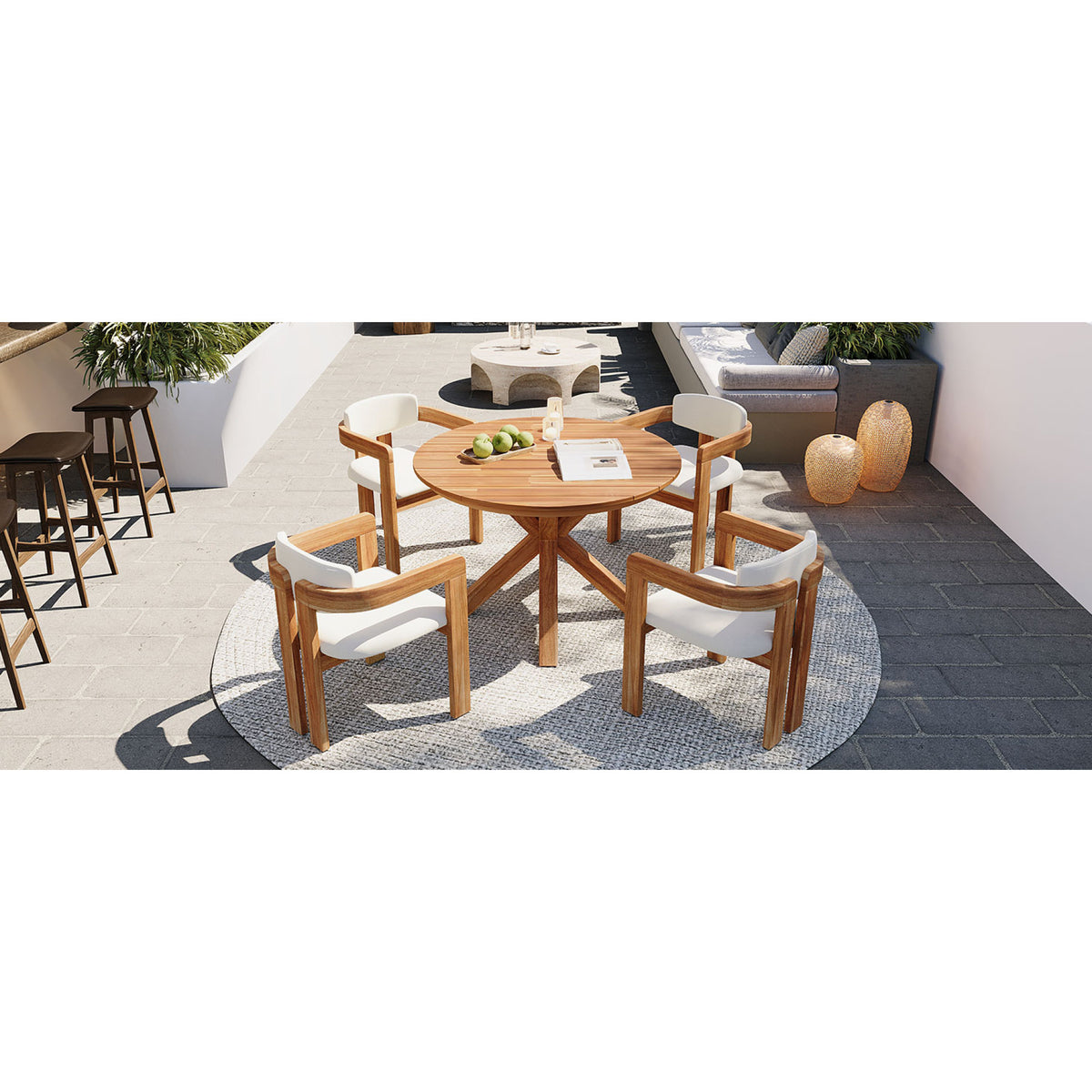 variant-group:rf-n704g201258a|Roomfitters 5-Piece Outdoor Acacia Wood Round Dining Set with Ergonomic Barrel Armchairs Beige Cushions