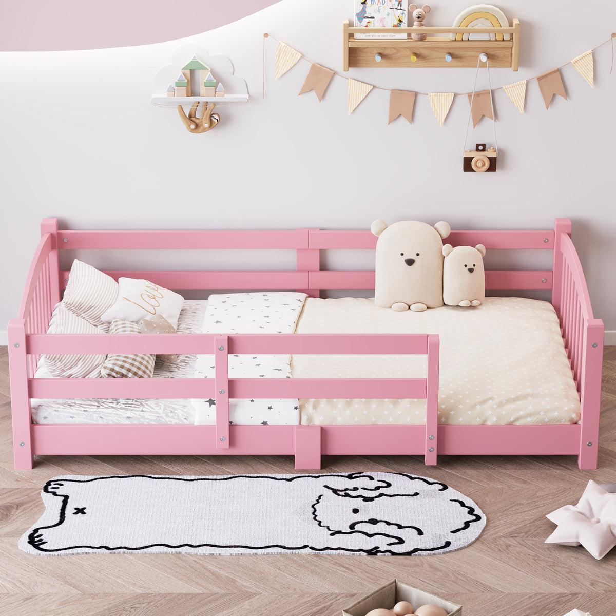 variant-group:rf-n733p400298h|Roomfitters Twin Montessori Floor Bed with Guardrails, Solid Wood Low Platform Bed with Slats, Easy Assembly, Pink