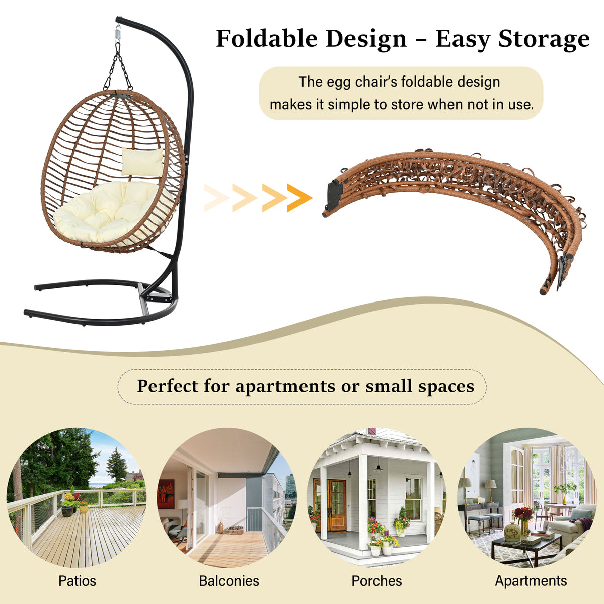 variant-group:rf-n711p389503k|Roomfitters Single Person Folding Egg Chair with Stand, UV Resistant Wicker Rattan Swing for Patio, Garden, Brown+Beige