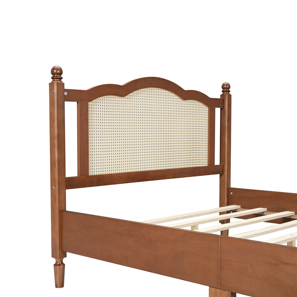Roomfitters Full Size Wooden Platform Bed with Natural Rattan Headboard, Durable Vintage Bed Frame with Sturdy Wooden Slat Support for Rustic Sophistication, Walnut