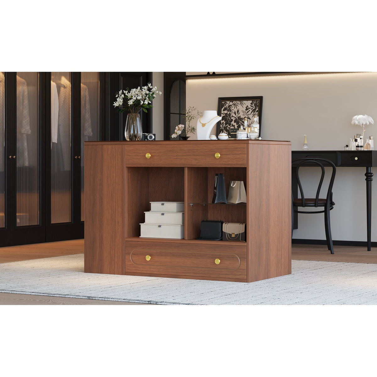 Roomfitters Closet Island with 6 Drawers, Glass Display Top and Open Shelves, Wardrobe Storage and Jewelry Vanity, Walnut
