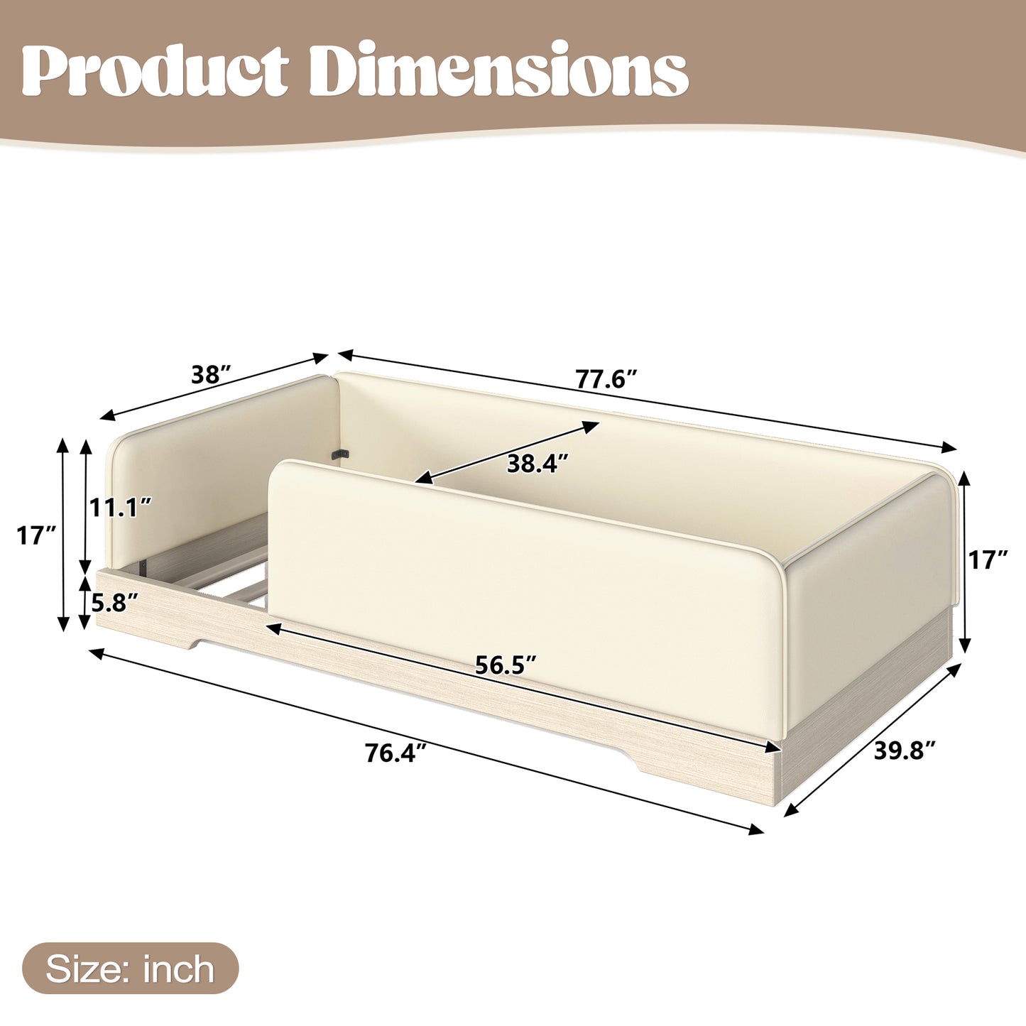 variant-group:rf-w1580p493129|Roomfitters Twin Size Upholstered Floor Bed Frame with Removable Guardrails, Faux Leather Low Profile Platform, Beige