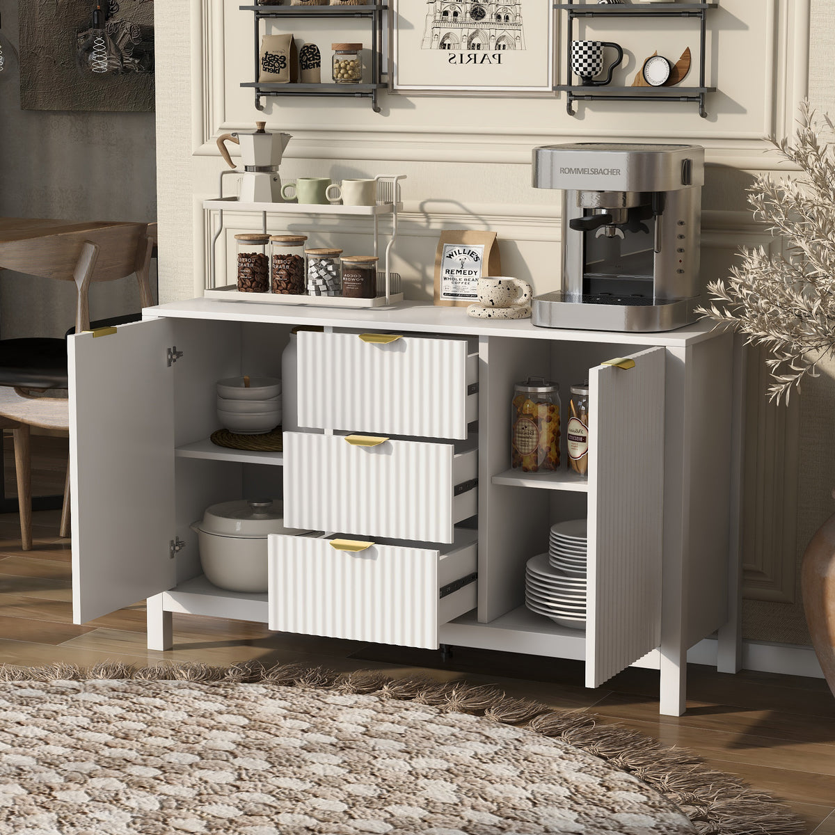 variant-group:rf-n711p269066k|Roomfitters Sideboard Buffet Cabinet with 3 Drawers, Mid-century Modern Fluted Accent Storage for Kitchen & Dining, White