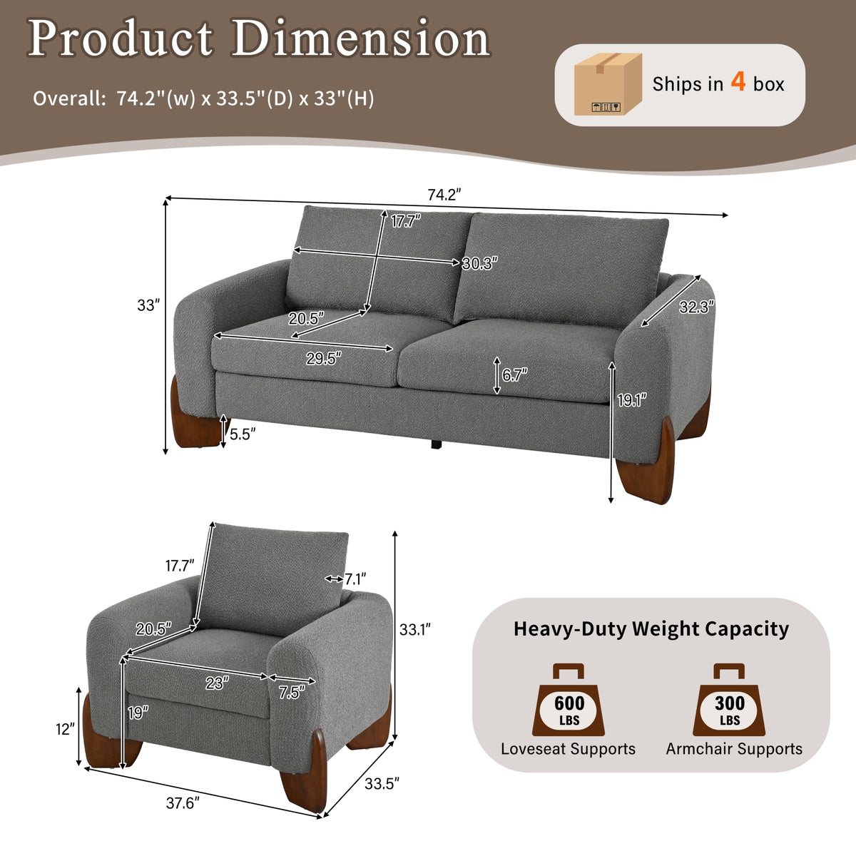 variant-group:rf-n711wy000479aae|Roomfitters Modern 3-Piece Living Room Sofa Set, Bouclé Fabric Loveseat and 2 Armchairs Pack, Grey Pinewood Lounge
