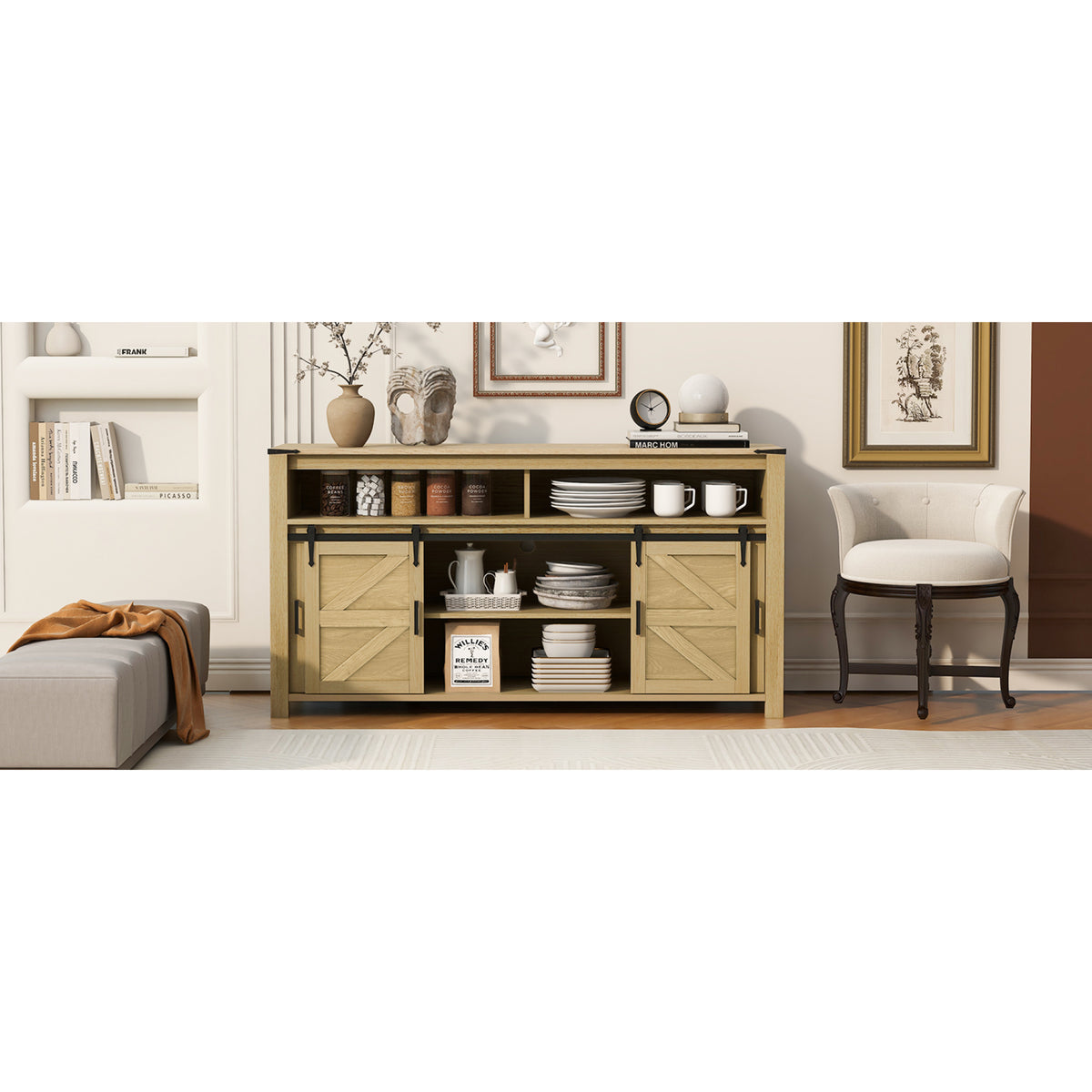 variant-group:rf-n711p347388o|Roomfitters 59.3" Sideboard Buffet Cabinet with Sliding Barn Doors, Modern Farmhouse Storage for Kitchen & Dining, Natural