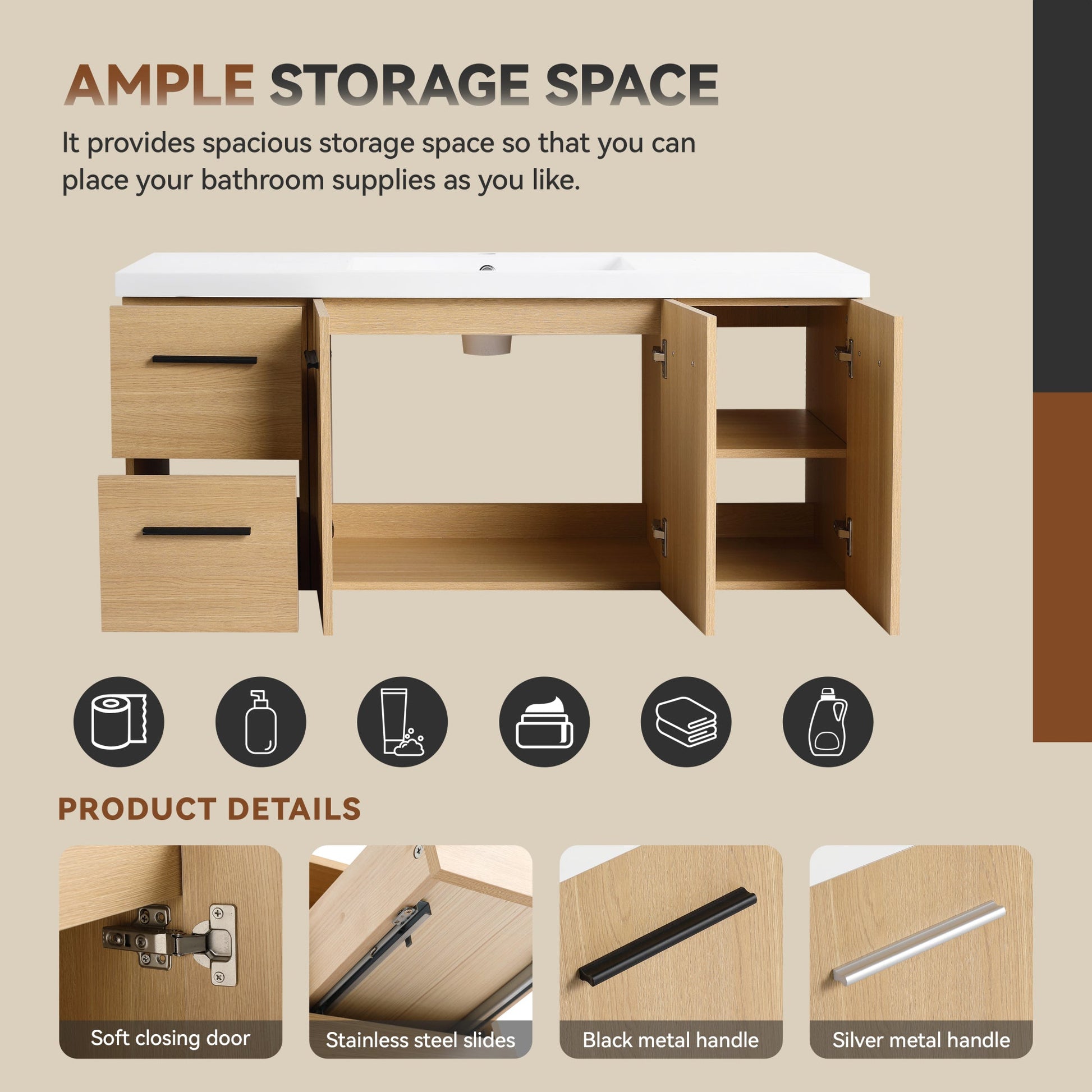 48" Light Oak Floating Bathroom Vanity with Sink, Modular 3-Piece Cabinet (2-Door + 1-Door + 2-Drawer), Gel-Coat Integrated Sink Top, Wall-Mounted, 4 Packages Roomfitters