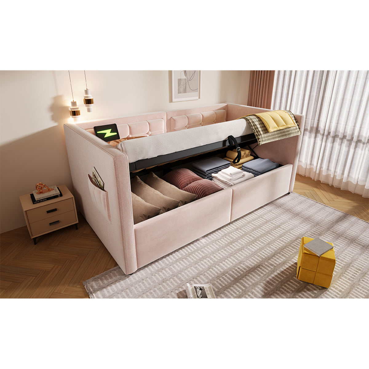 variant-group:rf-n736p303402p|Roomfitters Upholstered Twin Size Daybed with Storage, USB & Type-C Charging, Tufted Sofa Back, Velvet Pink