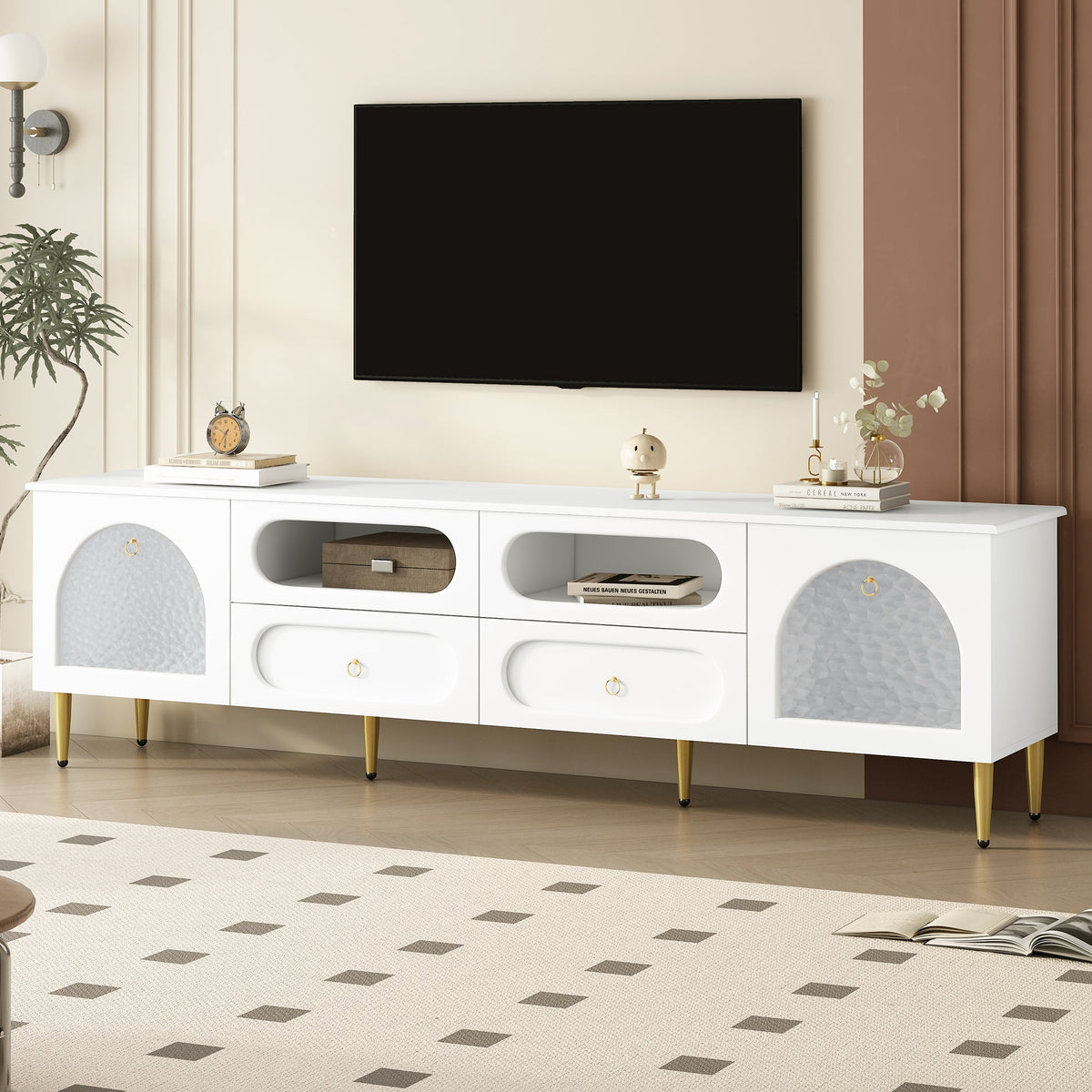 Roomfitters Retro TV Stand for up to 85 Inch TV, Media Console Cabinet with Drawers, Cabinets and Metal Legs, White Roomfitters