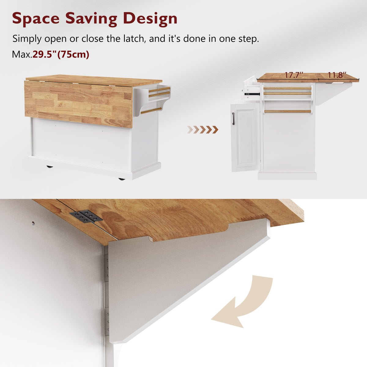 variant-group:rf-n707s195395w|Roomfitters 54" Kitchen Island with Wood Top, Rolling Storage Cabinet with 3 Drawers and 3 Doors, Spice Rack, White