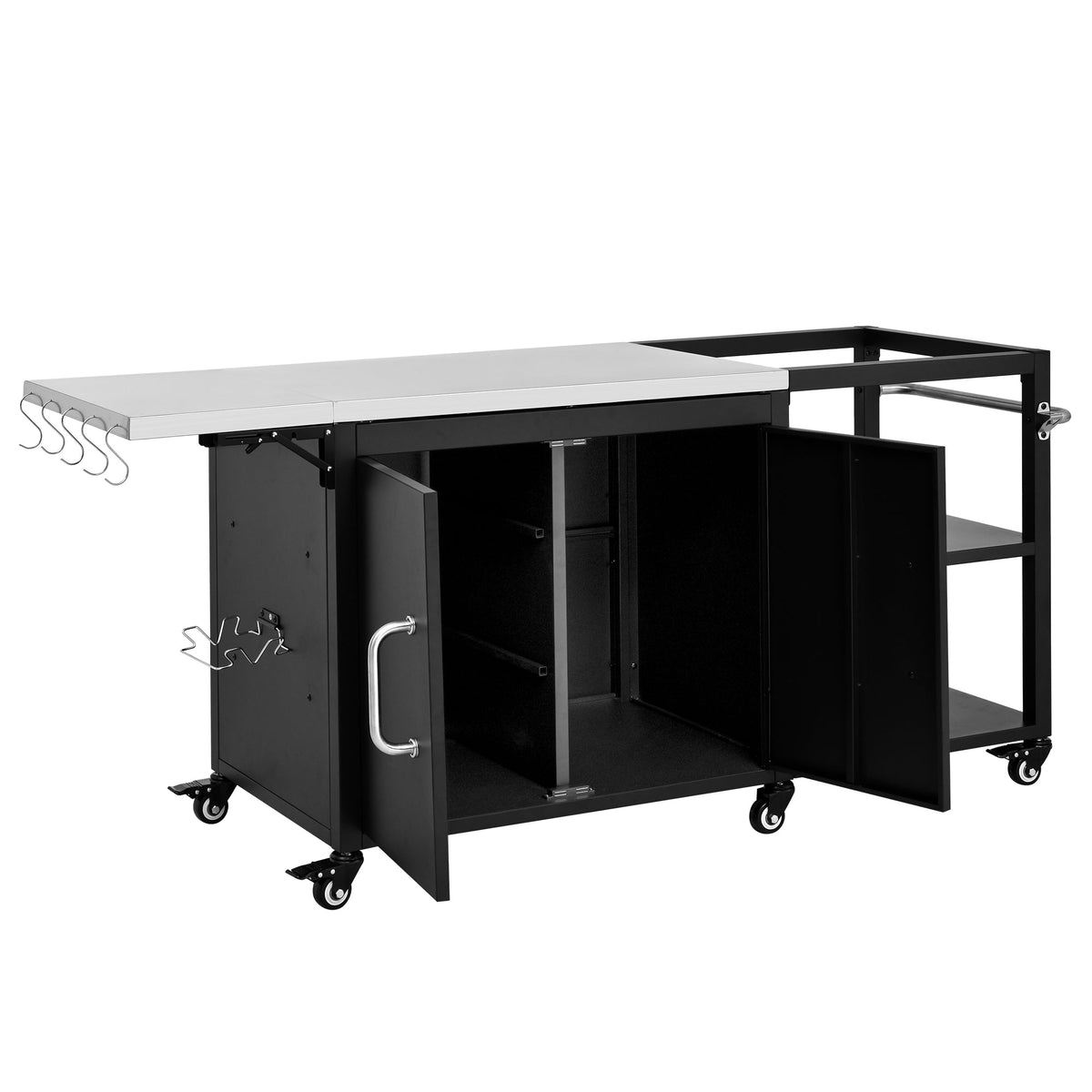 Roomfitters 76.6" Grill Cart with Stainless Steel Top and Kamado Nest, Folding Drop Leaf Prep Station, Mobile Cabinet, Black
