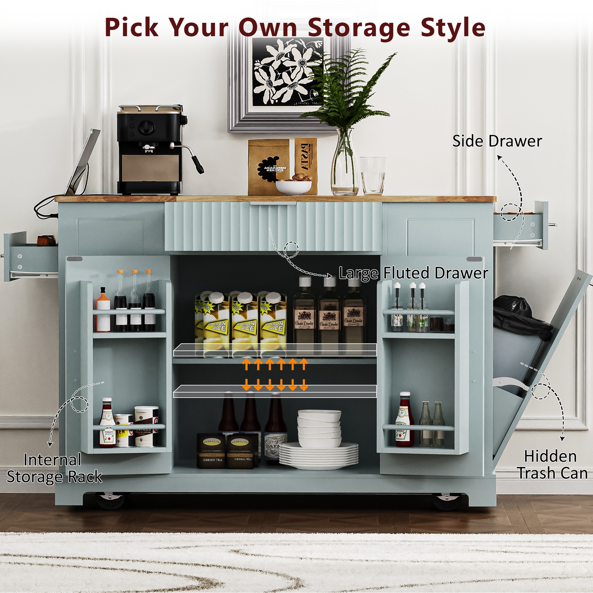 variant-group:rf-n707s221571g|Roomfitters Kitchen Island with Tilt Out Trash Can and Power Outlet, Fluted Storage Cabinet on Wheels, Grey+Blue