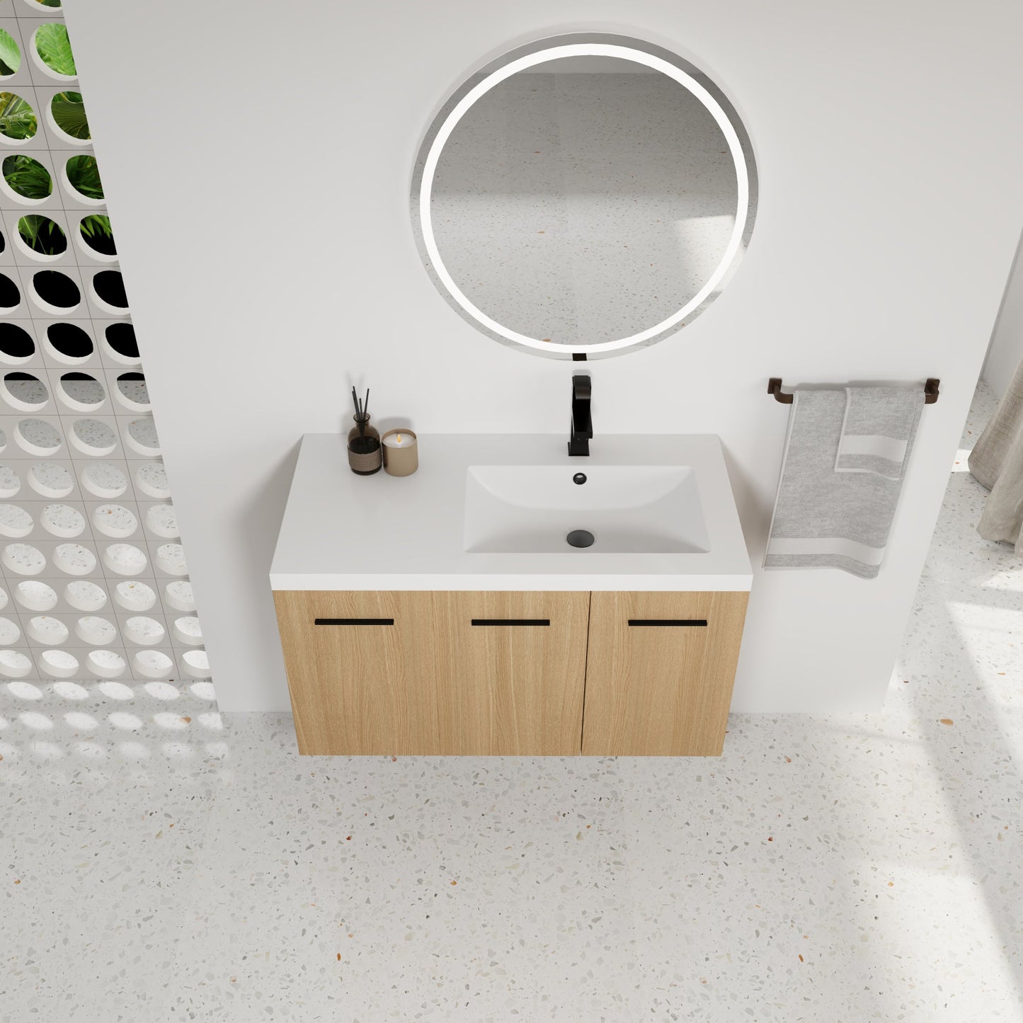 36" Wall-Mounted Floating Bathroom Vanity with Sink, Light Oak, 3-Door Modular Cabinet (2-Door + 1-Door), Gel Coat Integrated Sink Top, 3 Boxes, Ready-to-Assemble Roomfitters