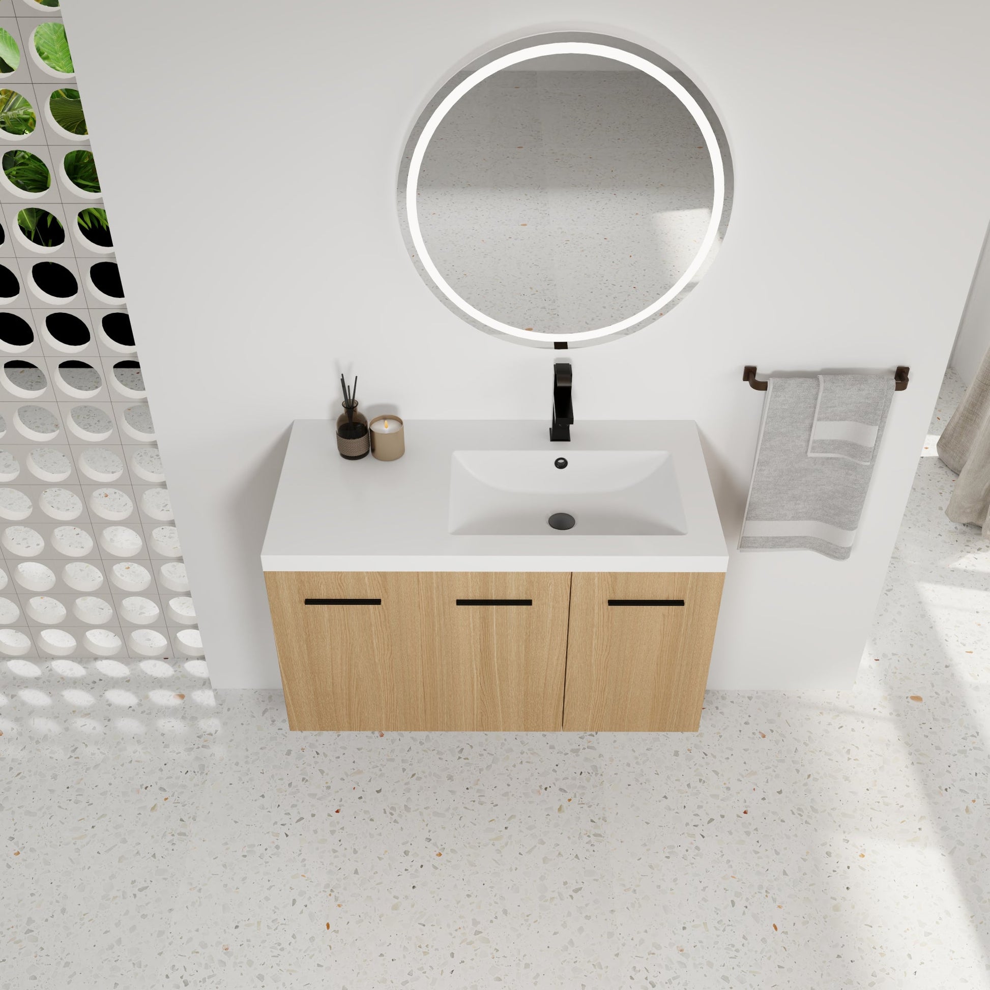 36" Wall-Mounted Floating Bathroom Vanity with Sink, Light Oak, 3-Door Modular Cabinet (2-Door + 1-Door), Gel Coat Integrated Sink Top, 3 Boxes, Ready-to-Assemble Roomfitters