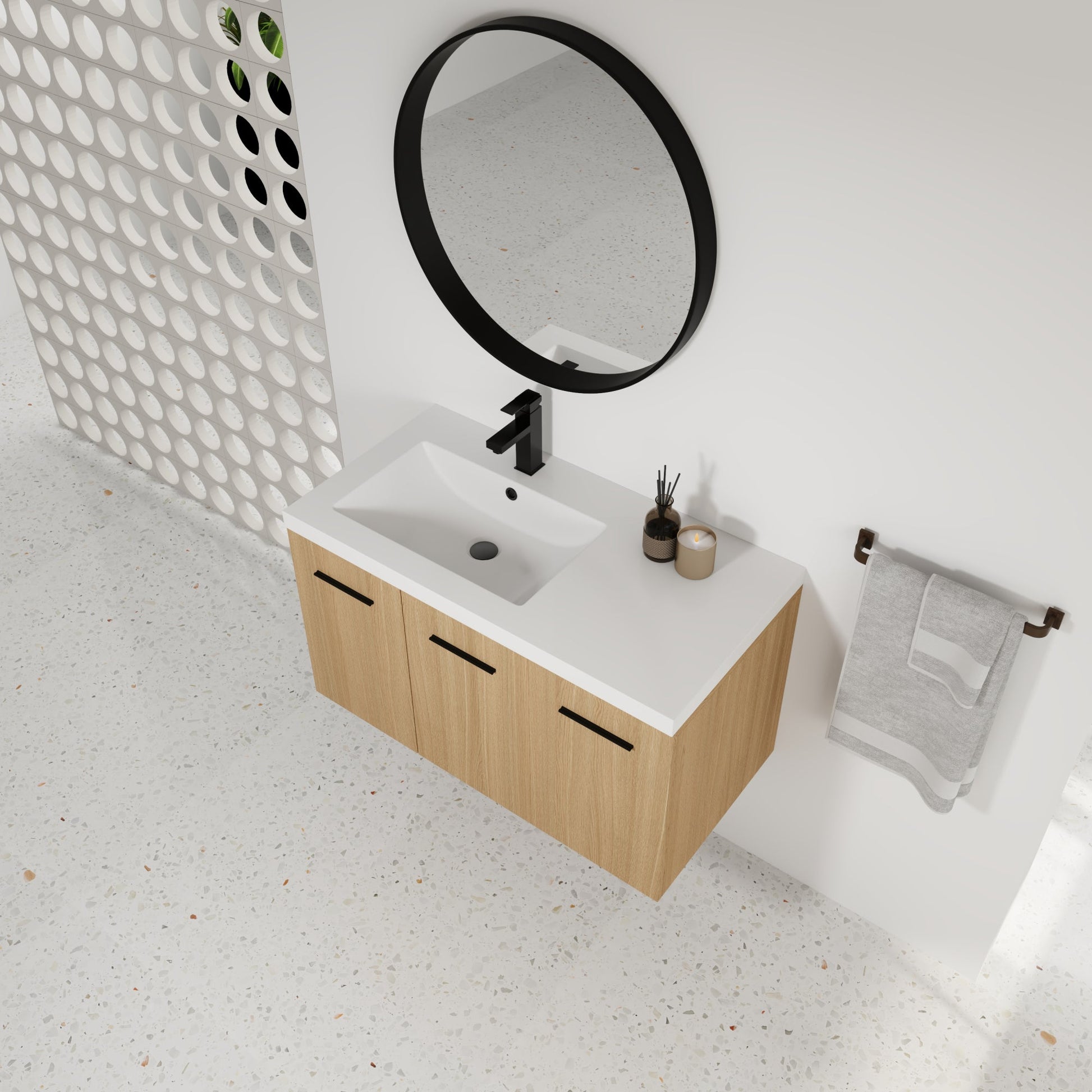 36" Wall-Mounted Floating Bathroom Vanity with Sink, Light Oak, 3-Door Modular Cabinet (2-Door + 1-Door), Gel Coat Integrated Sink Top, 3 Boxes, Ready-to-Assemble Roomfitters
