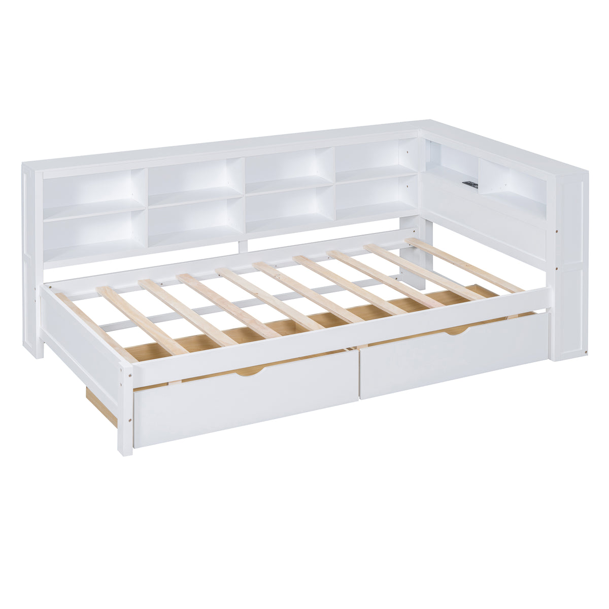 variant-group:rf-n733s347768k|Roomfitters Wooden Twin Daybed with Underbed Storage, Built-In Shelf & USB Charging Ports, White
