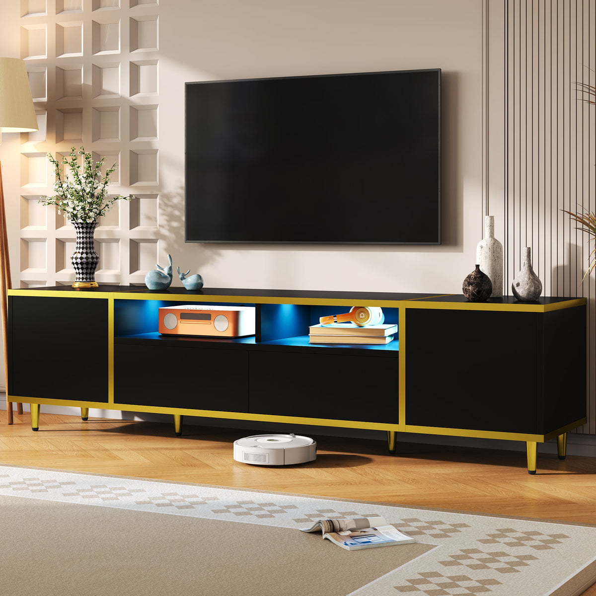 Roomfitters Modern TV Stand for up to 80 Inch TV, Entertainment Console with LED Shelves, Drawers and Cabinets, Black Roomfitters