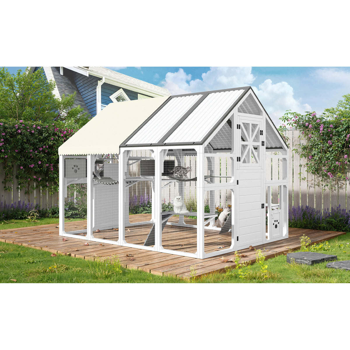 variant-group:rf-n704g201619e|Roomfitters Large Outdoor Cat House with Detachable Planter Stand and Scratching Posts Gray