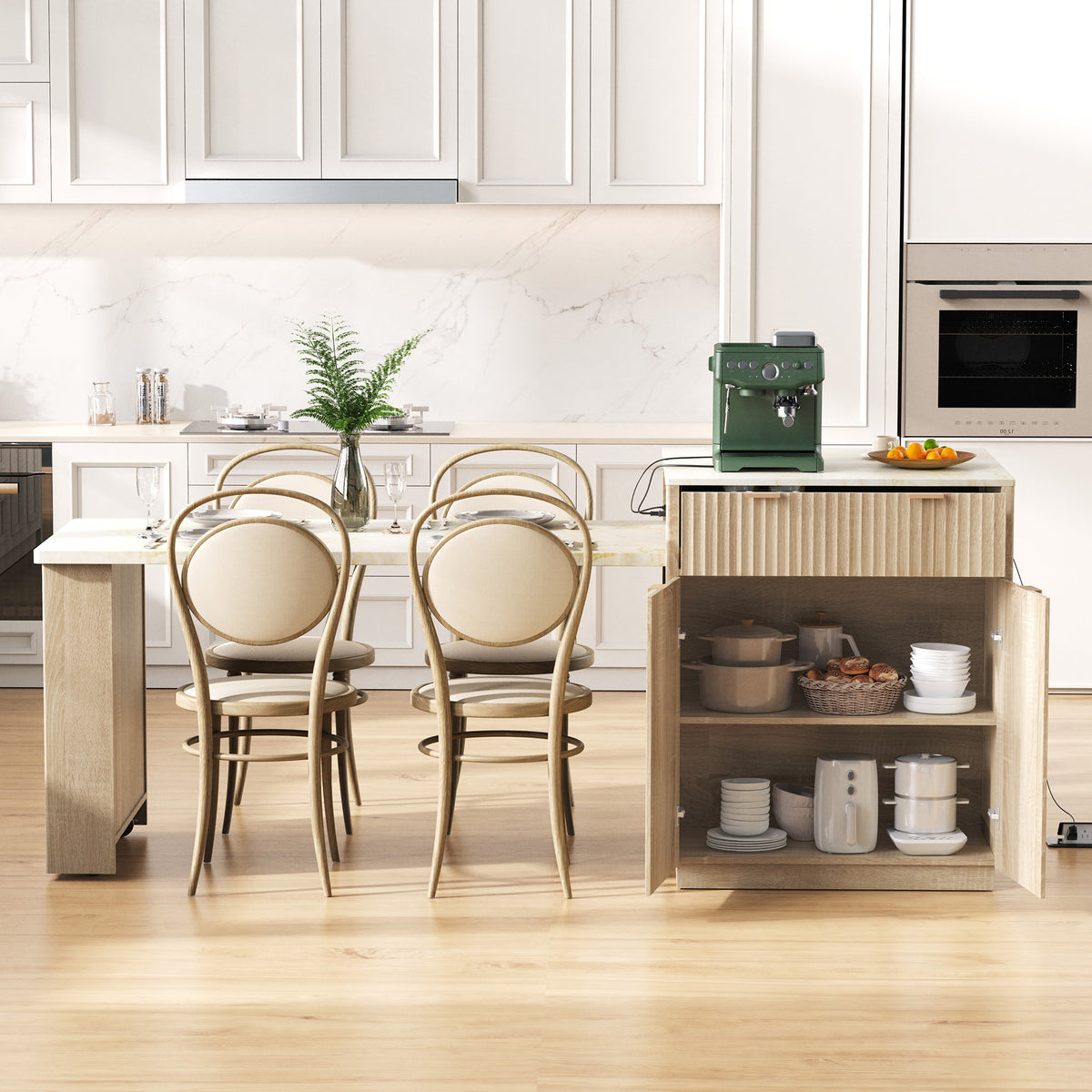 variant-group:rf-n707s000018y|Roomfitters 82.6" Fluted Kitchen Island with 51" Extendable Dining Table for 4-6, Power Outlet, Natural