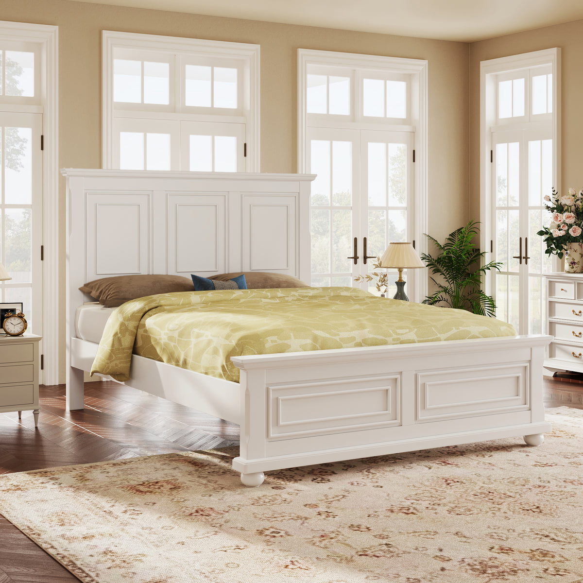 variant-group:rf-n701bs701p422951k|Roomfitters King Size Traditional Pinewood Vintage Tall Headboard Bed Frame, Country Panel Wood Bed, No Box Spring, White
