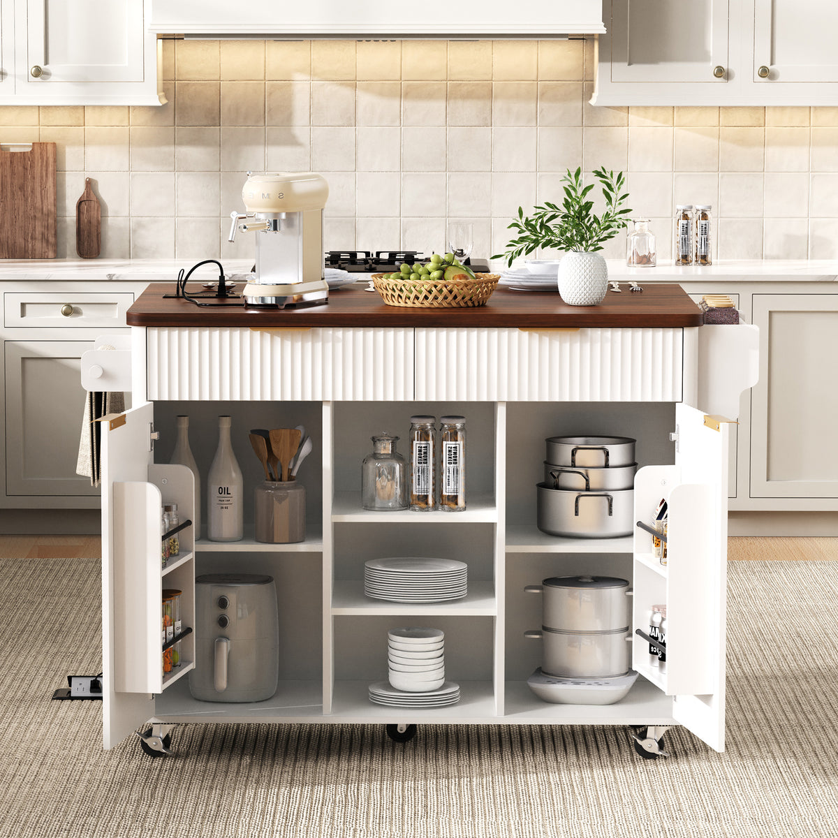 variant-group:rf-n707s000019w|Roomfitters 52" Fluted Kitchen Island with Drop Leaf, Power Outlet & Walnut Wood-Grain Top, White