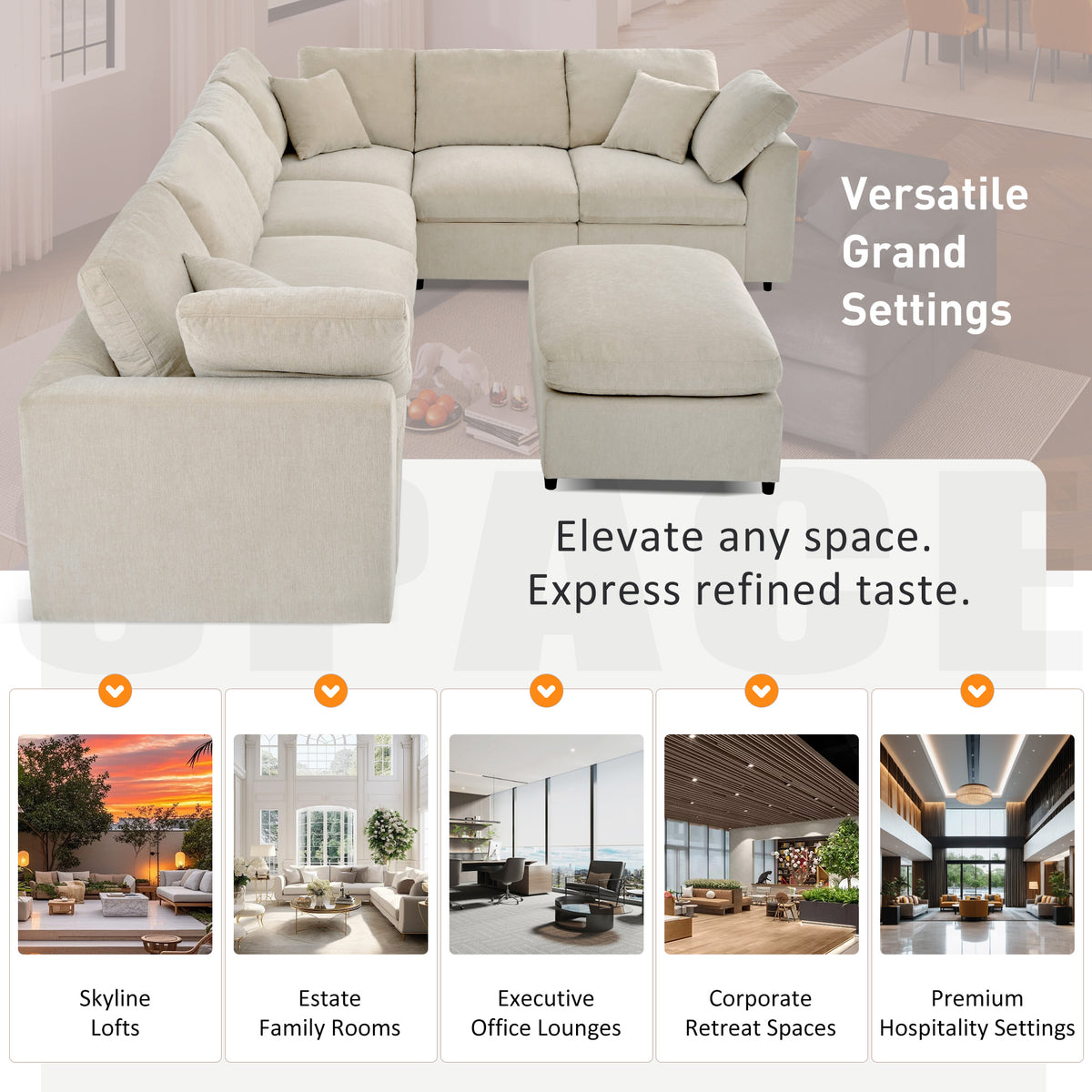 variant-group:rf-n711wy000453aaa|Roomfitters 7-Seater Modular Sectional Sofa with Ottoman, Extra Large L-Shape Chenille Upholstered Couch, Beige