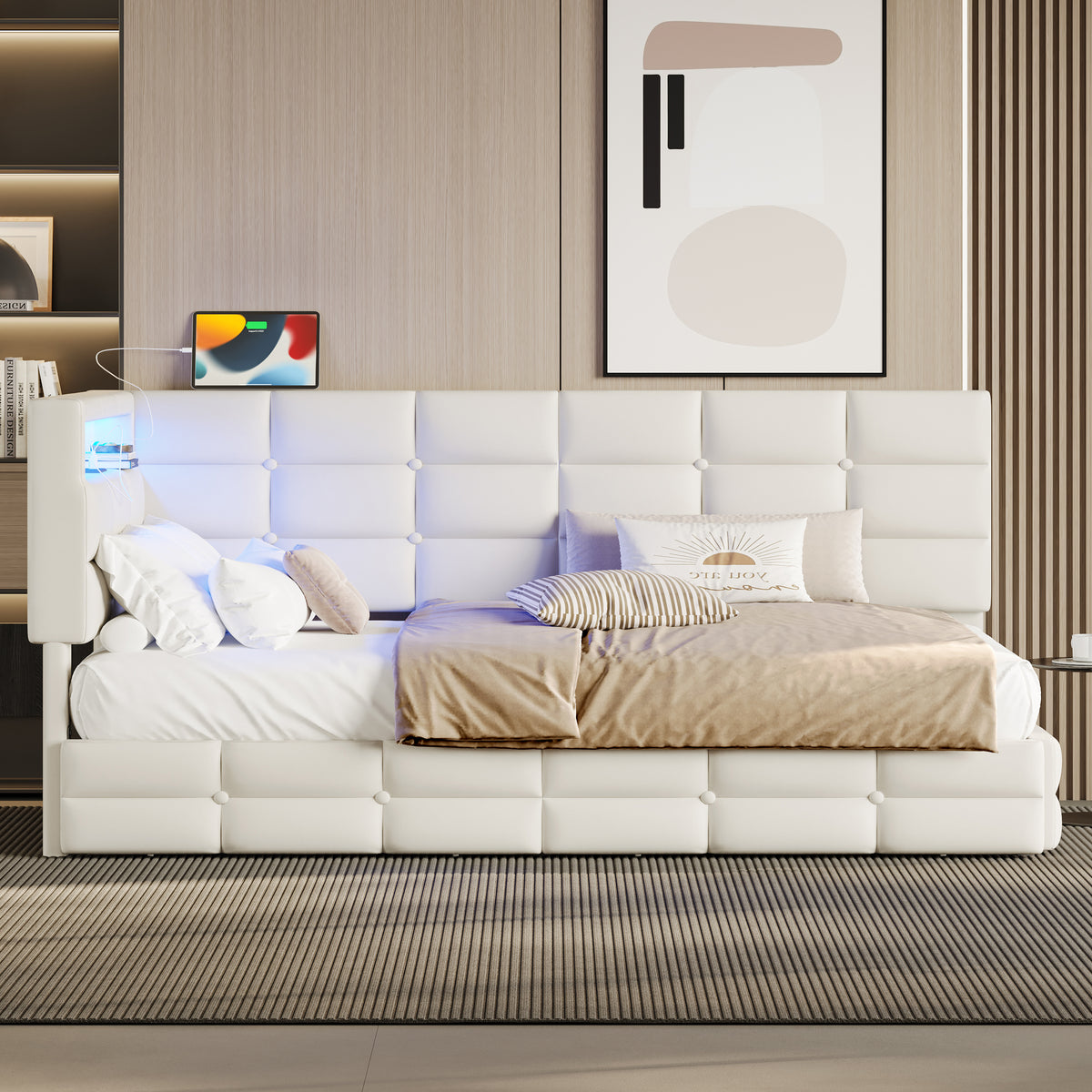 variant-group:rf-n733p285121a|Roomfitters Upholstered Twin Size Daybed with Storage Drawers and Charging Station, Bed Frame with Storage Headboard, No Box Spring Needed, Beige