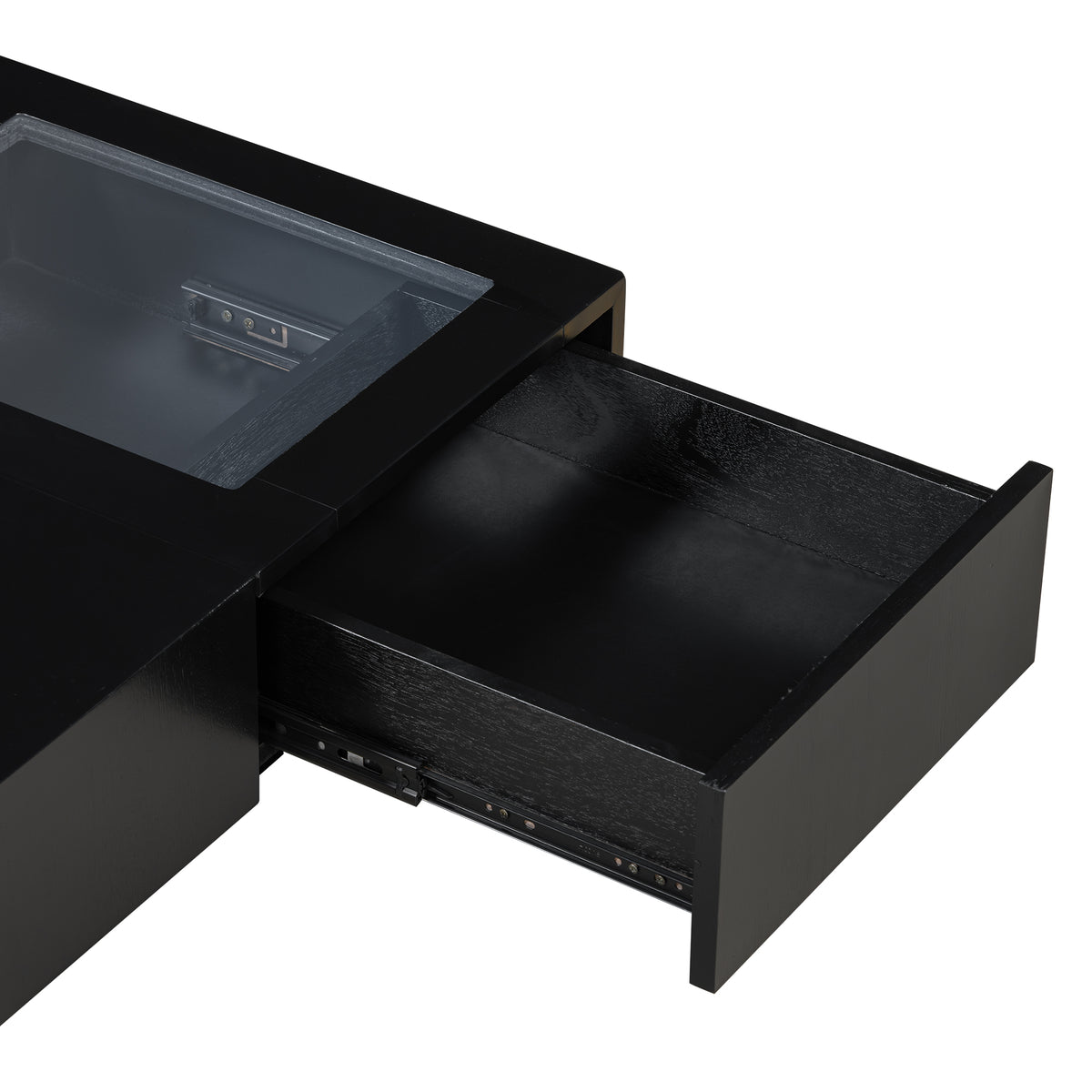 variant-group:rf-n724p270432b|Roomfitters Square Mid-Century Coffee Table with Glass Top and 3 Storage Compartments, Solid Wood Legs, Black
