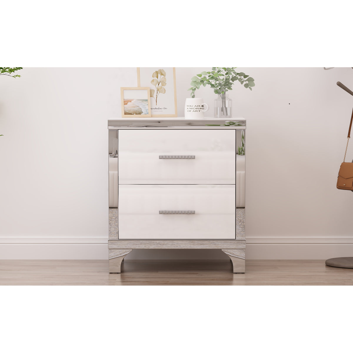variant-group:rf-n733p205356k|Roomfitters High Gloss Nightstand with Metal Handle, Mirrored Bedside Storage Table for Bedroom or Living Room, White
