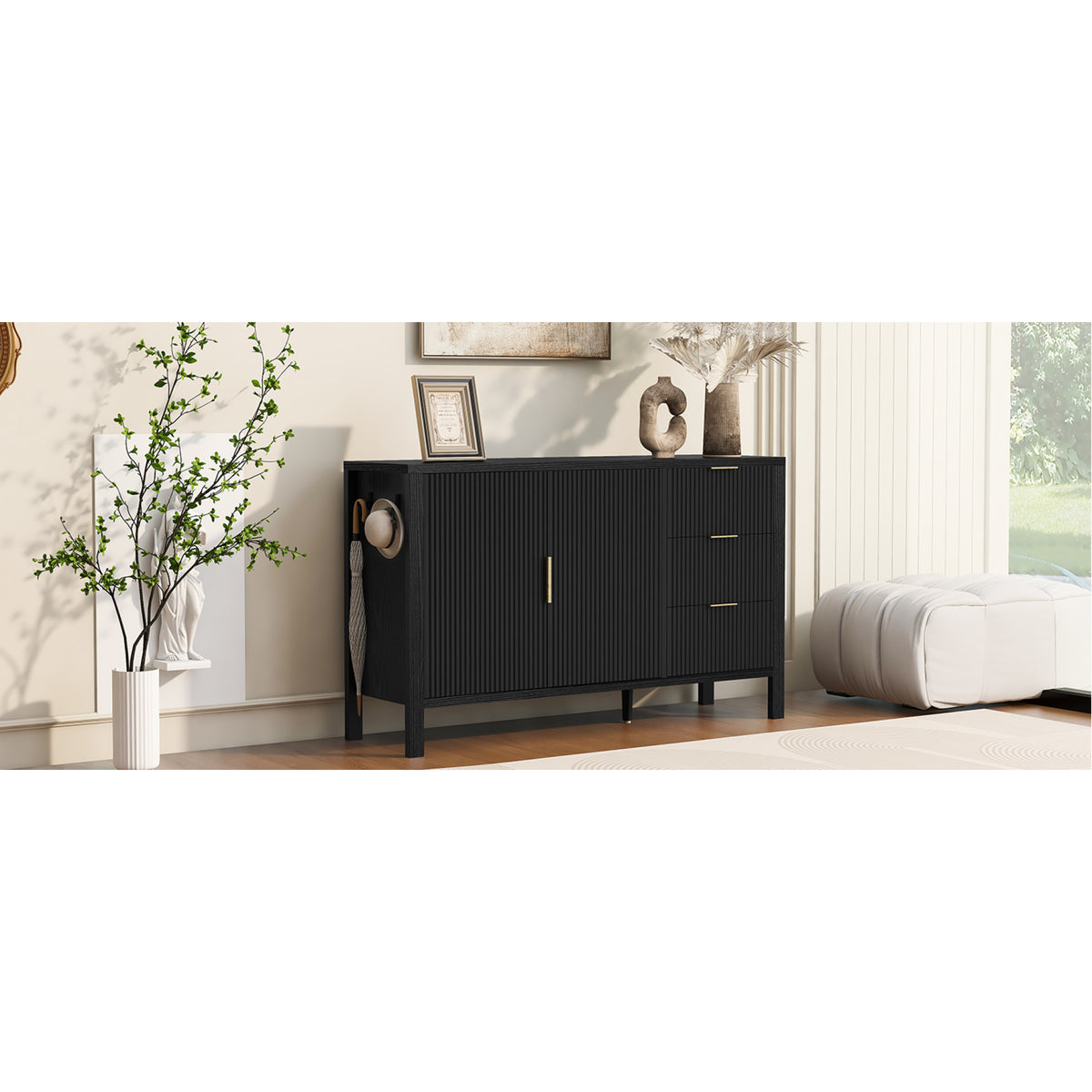 variant-group:rf-n711p345172b|Roomfitters Sideboard Buffet Cabinet with 3 Drawers, 2 Door Mid-century Fluted Accent Storage for Kitchen & Dining, Black