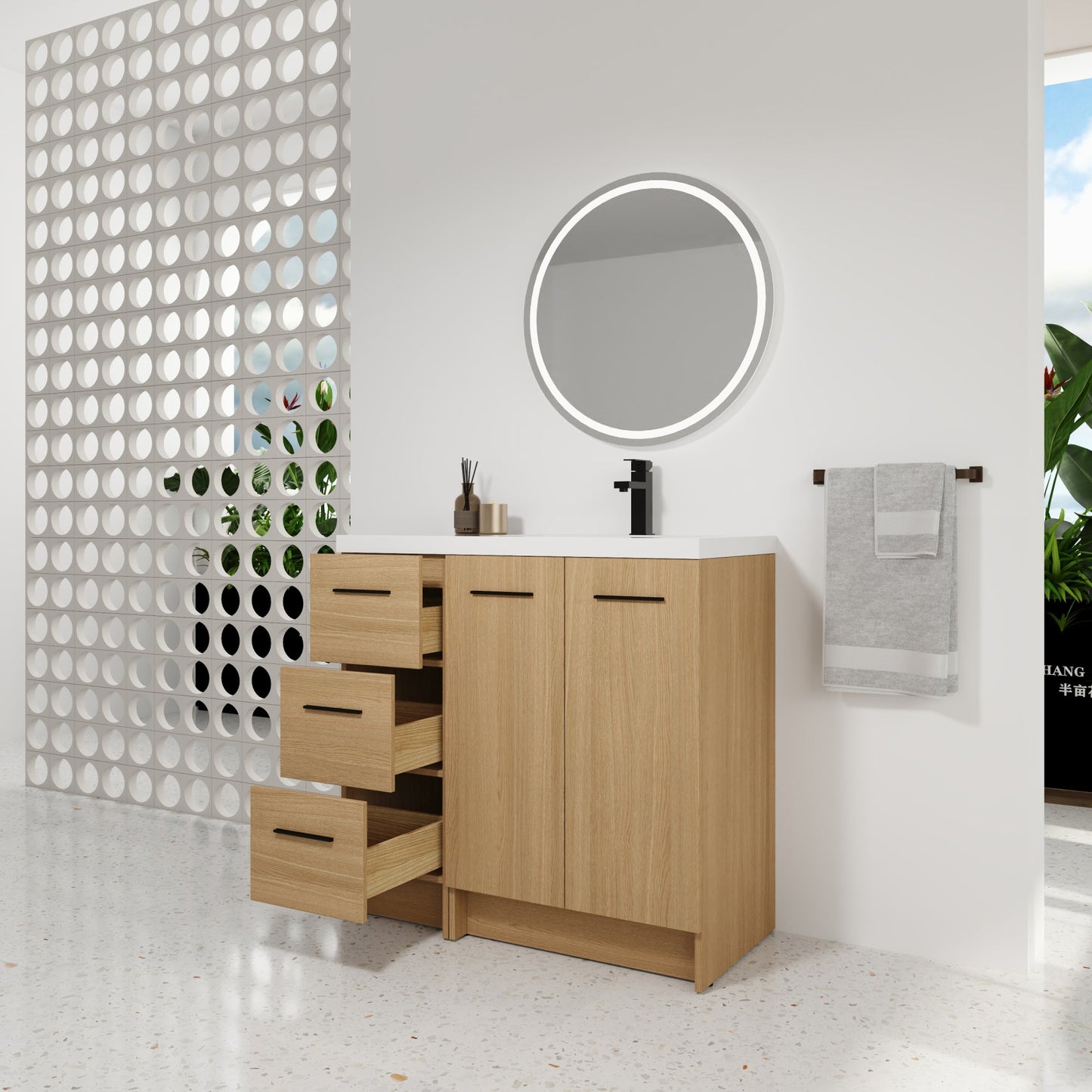 36" Modular Freestanding Bathroom Vanity with 36" Resin Sink Top, Light Oak, 2-Piece Cabinet (24" 2-Door + 12" 3-Drawer), KD Cabinet, Includes Black & Brushed Aluminum Handles Roomfitters