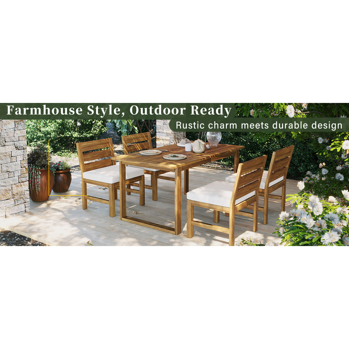 variant-group:rf-n711wy000497aaa|Roomfitters Farmhouse 5-Piece Outdoor Dining Set for 4, Acacia Wood Table and Chair Pack, Beige and Natural Slatted