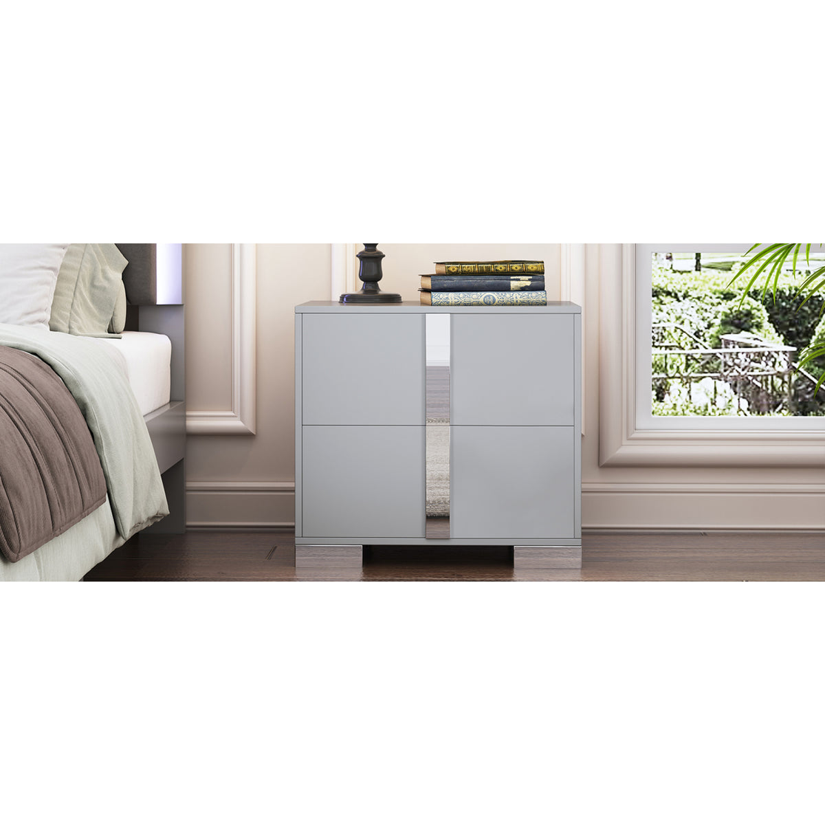 variant-group:rf-n733p307938g|Roomfitters Elegant Mirrored Nightstand with 2 Drawers and Metal Handle, Bedside Table for Bedroom or Living Room, Gray