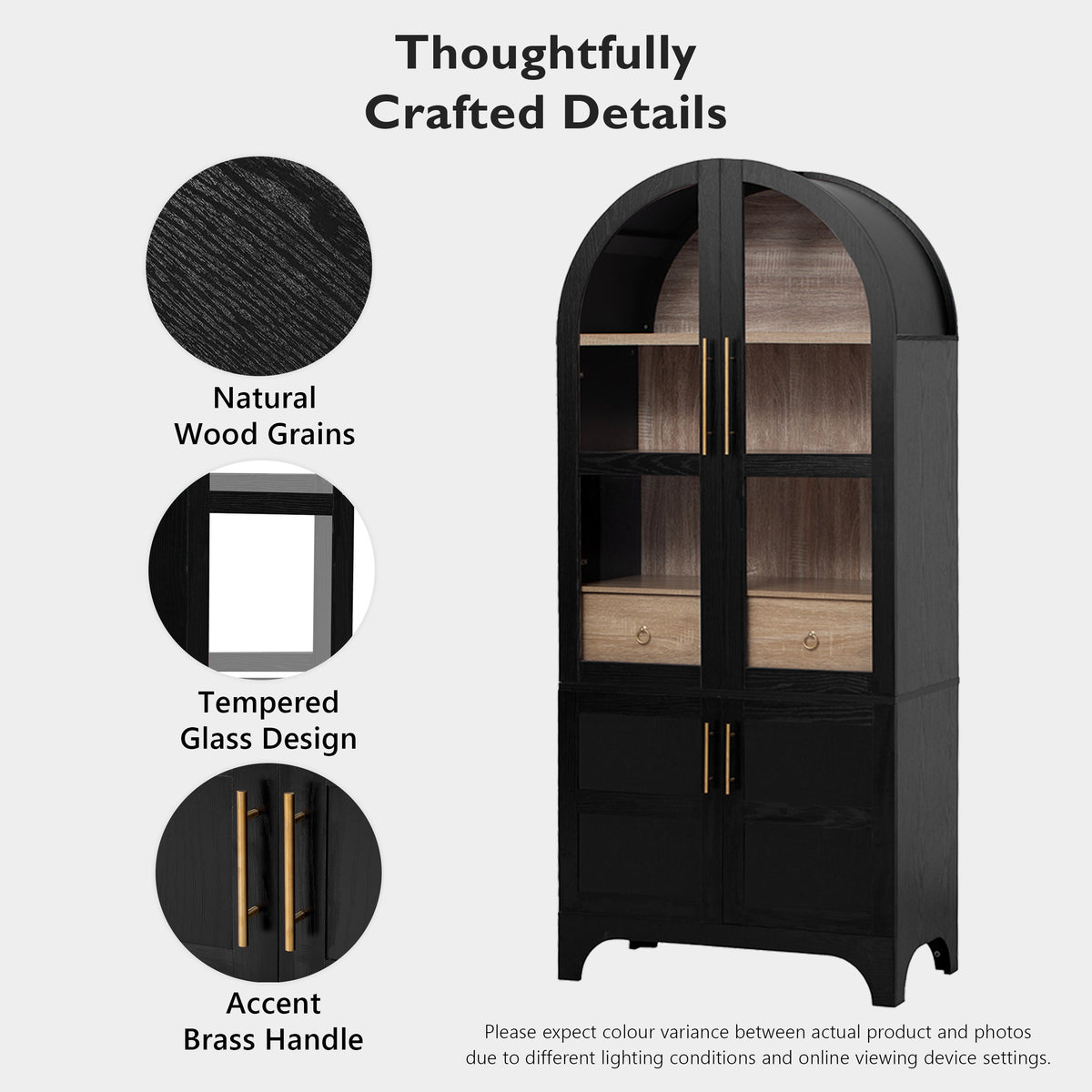 variant-group:rf-n707s288969b|Roomfitters 71" Pantry Cabinet with Arched Top & Glass Doors, 4-Door Storage Hutch with Adjustable Shelves for Kitchen, Black