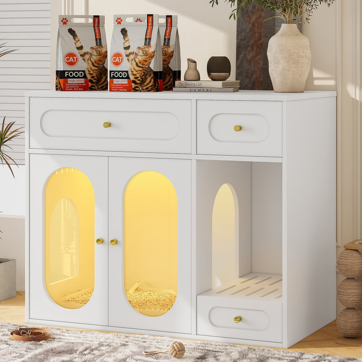 Roomfitters White Chic Sideboard Style Cat Litter Box Enclosure Cabinet with App Controlled LED Lighting Roomfitters