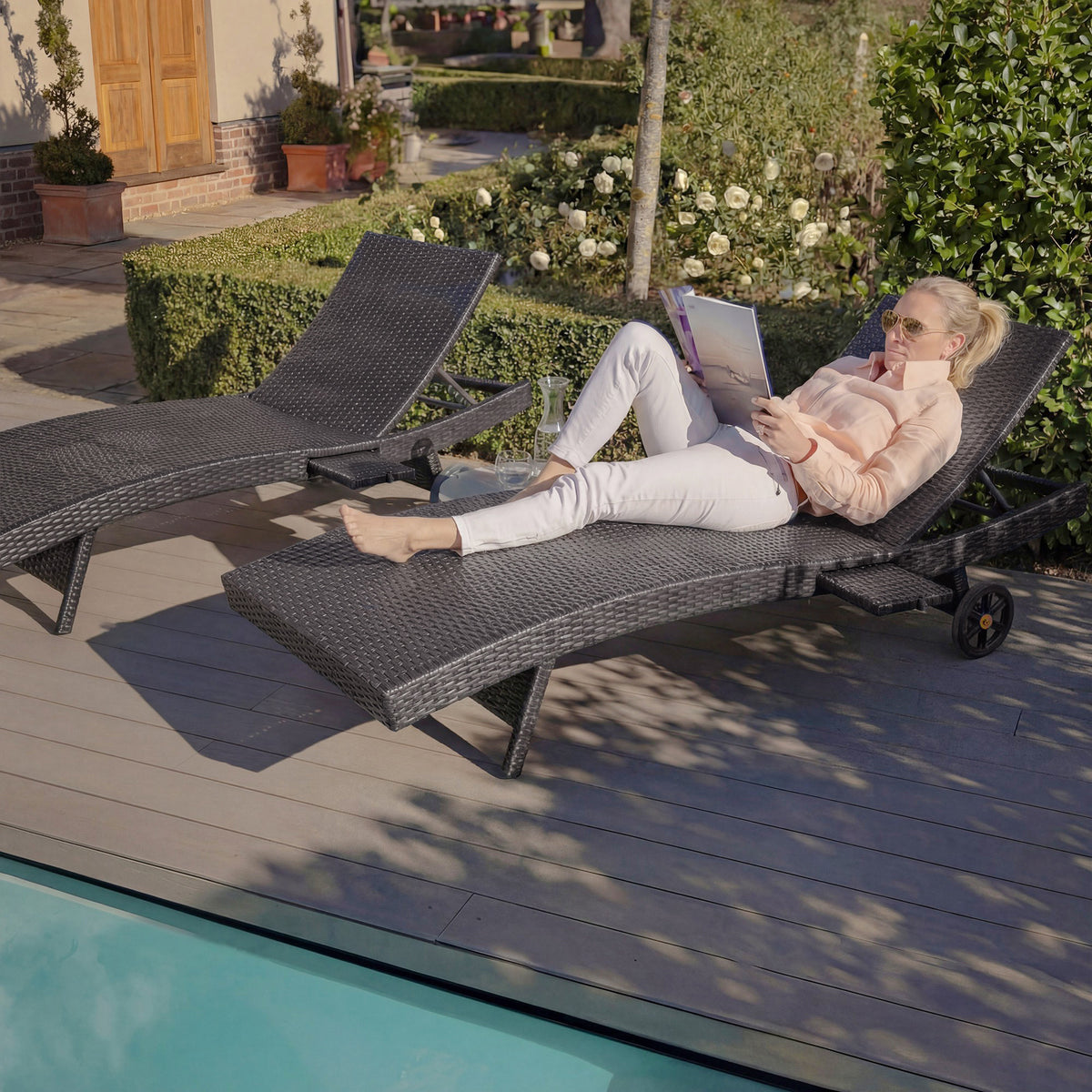 variant-group:rf-n707p395515d|Roomfitters 80"W Patio Chaise Lounge Chairs Set of 2 with Wheels, Folding Table, Adjustable Rattan Loungers, Black & Brown