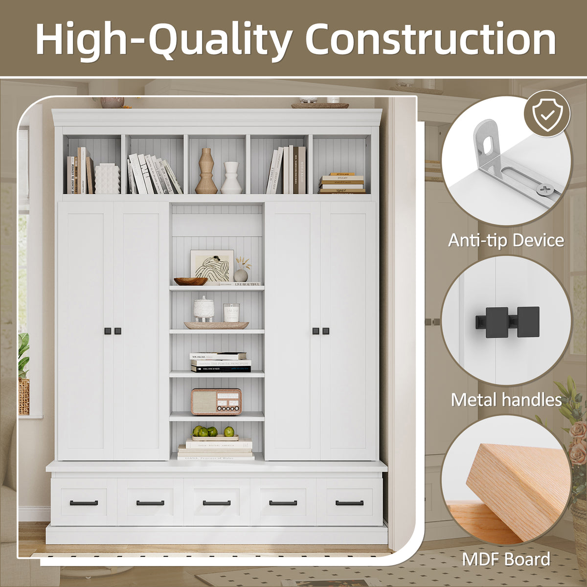 variant-group:rf-n724sj000139aak|Roomfitters 78.7" Hall Tree with Bench, 5 Cubbies, 4 Doors, 5 Drawers, Adjustable Shelves, White