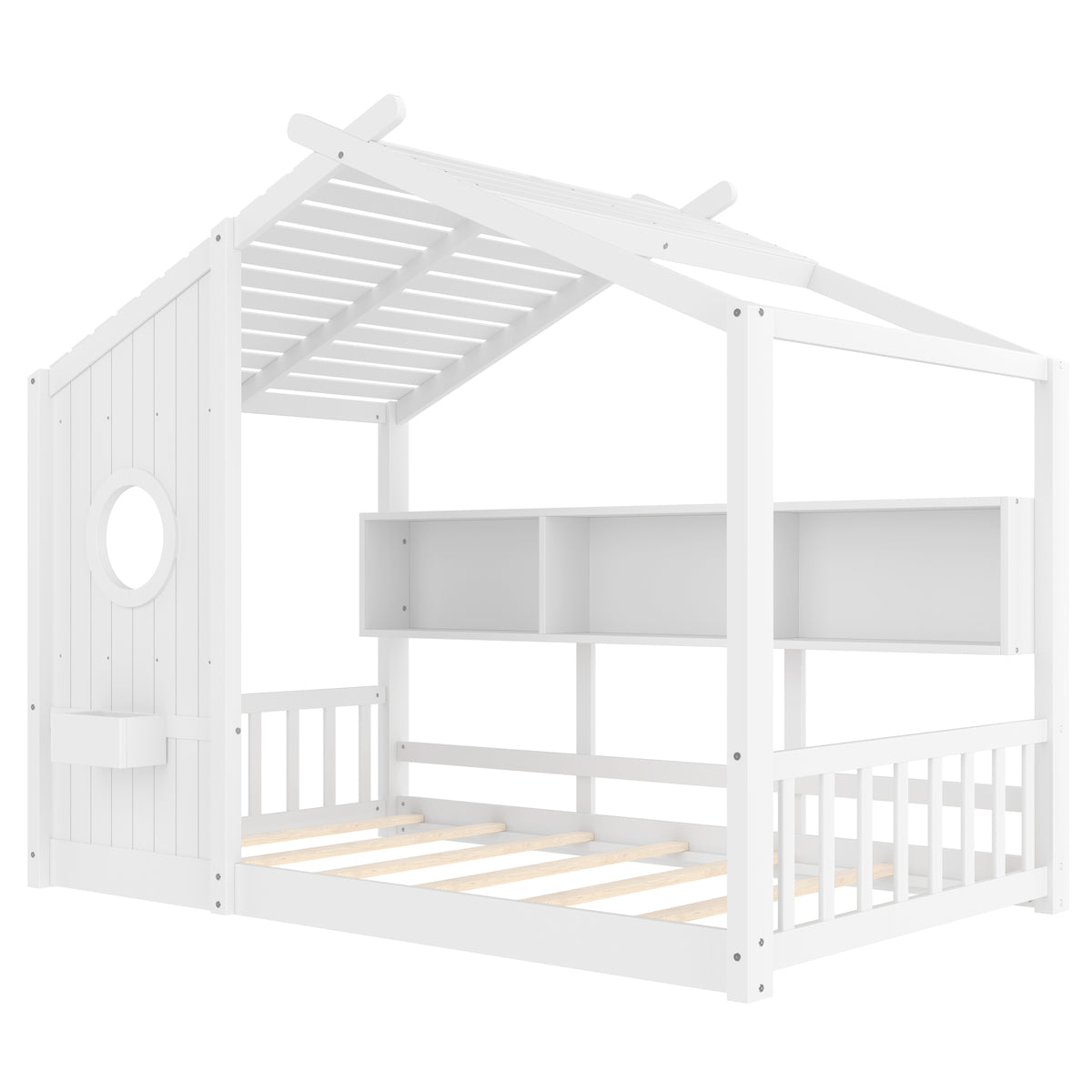 variant-group:rf-n733p335064k|Roomfitters Twin Size Floor House Bed with Storage Shelf and Roof Design, Montessori Playhouse Bed, White