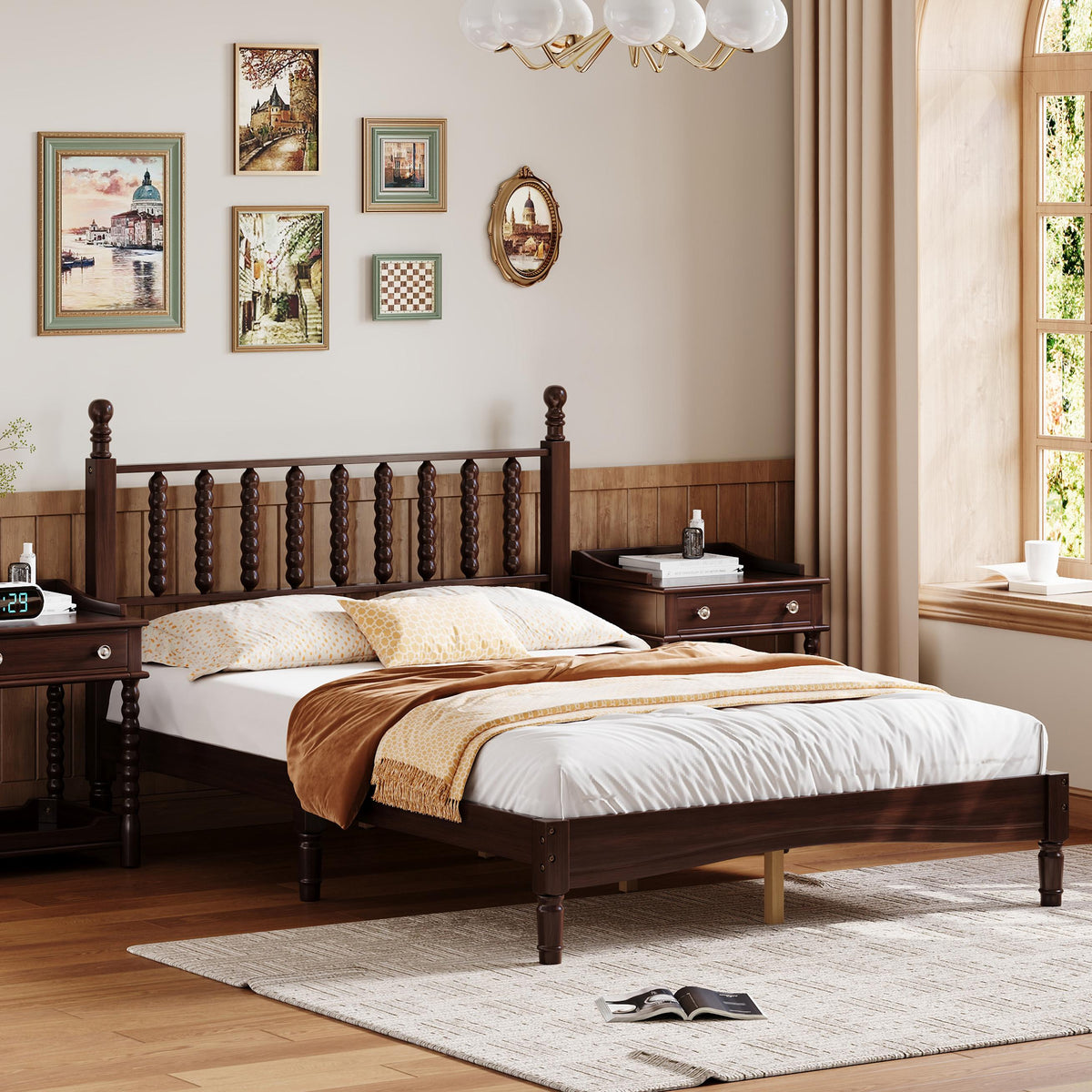 variant-group:rf-n733p338317d|Roomfitters Full Wood Platform Bed, Retro Gourd Spindle Headboard with Solid Slat Support, Walnut