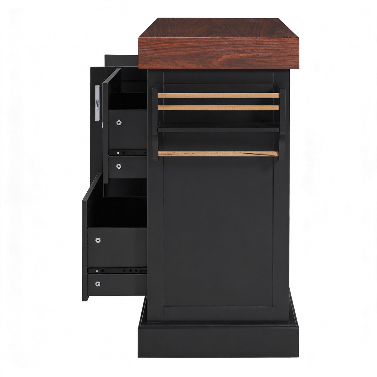 variant-group:rf-n707s000025b|Roomfitters 53" Kitchen Island with Butcher Block Top, Storage Cabinet with Drawers, Spice Rack and Towel Holder, Black