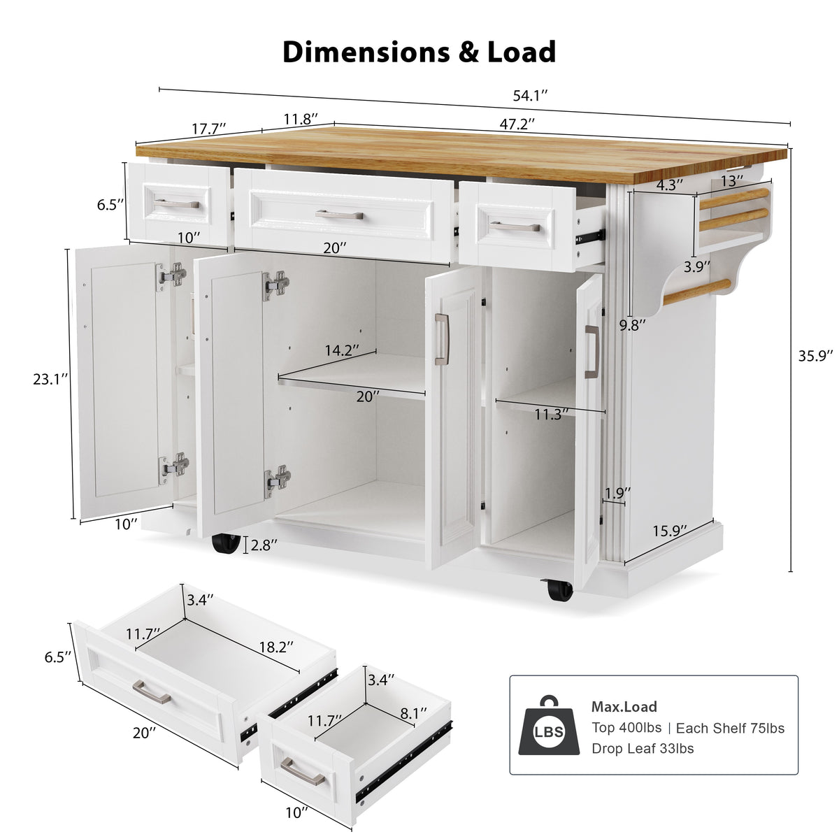 variant-group:rf-n707s195395w|Roomfitters 54" Kitchen Island with Wood Top, Rolling Storage Cabinet with 3 Drawers and 3 Doors, Spice Rack, White