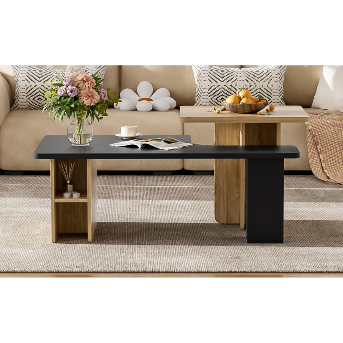 variant-group:rf-n724p294661b|Roomfitters Farmhouse Nesting Coffee Table Set of 2, Rectangle Wood Finish Accent Tables for Living Room and Sofa Side, Black