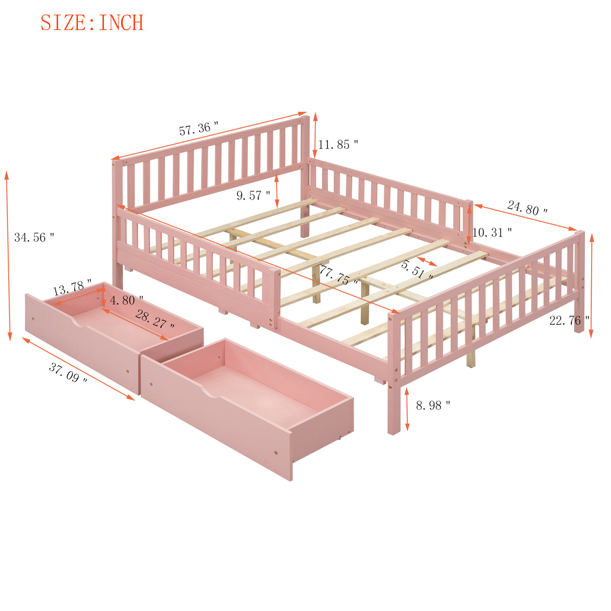 variant-group:rf-n733p172700h|Roomfitters Full Size Wood Platform Bed with Guardrails and Two Storage Cabinets, Pink