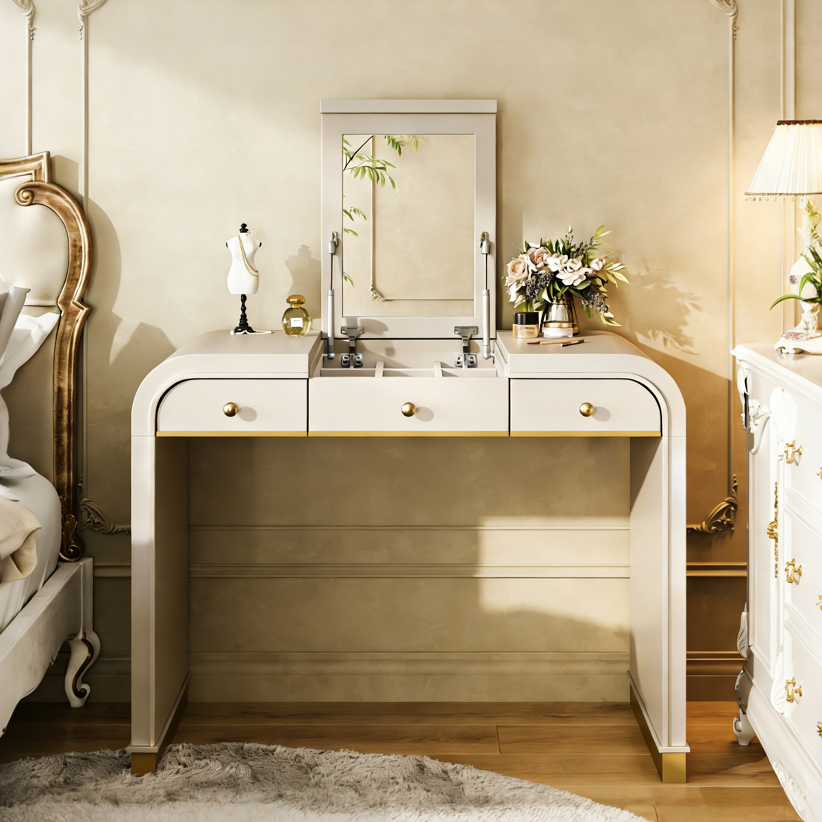 variant-group:rf-n704p381406c|Roomfitters Flip Top Vanity Desk with Mirror and Hidden Storage, Modern Makeup Table with Gold Trim for Small Space, Champagne