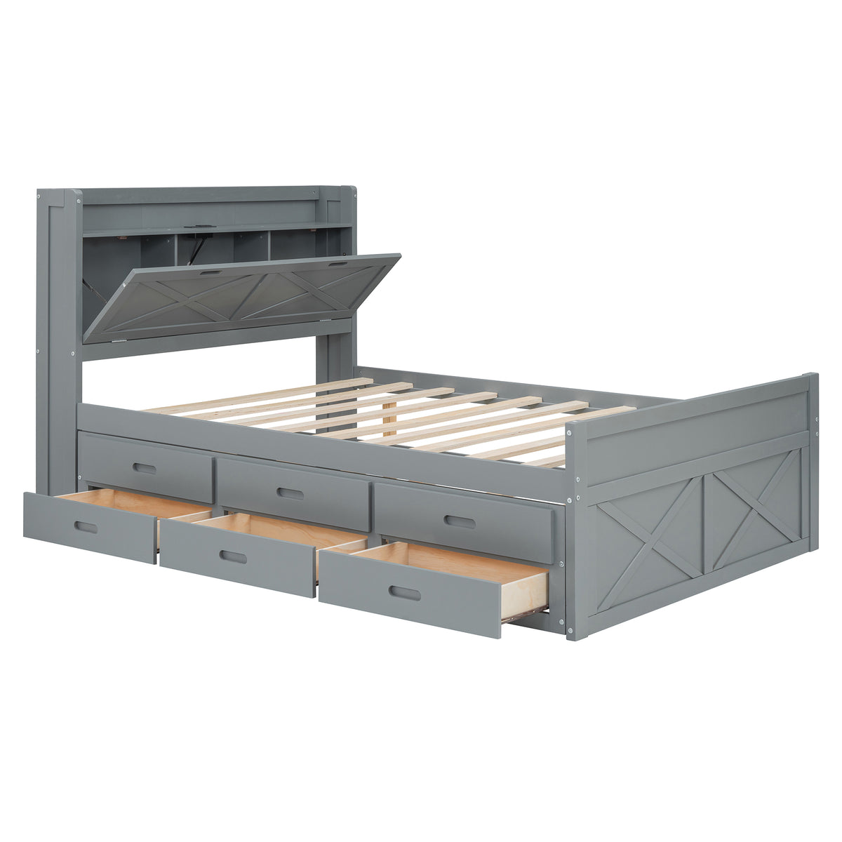 variant-group:rf-n733s172712e|Roomfitters Full Size Wooden Bed with Storage Headboard, Built-In Outlets, Extendable Design with Twin Trundle and Practical Storage, Gray