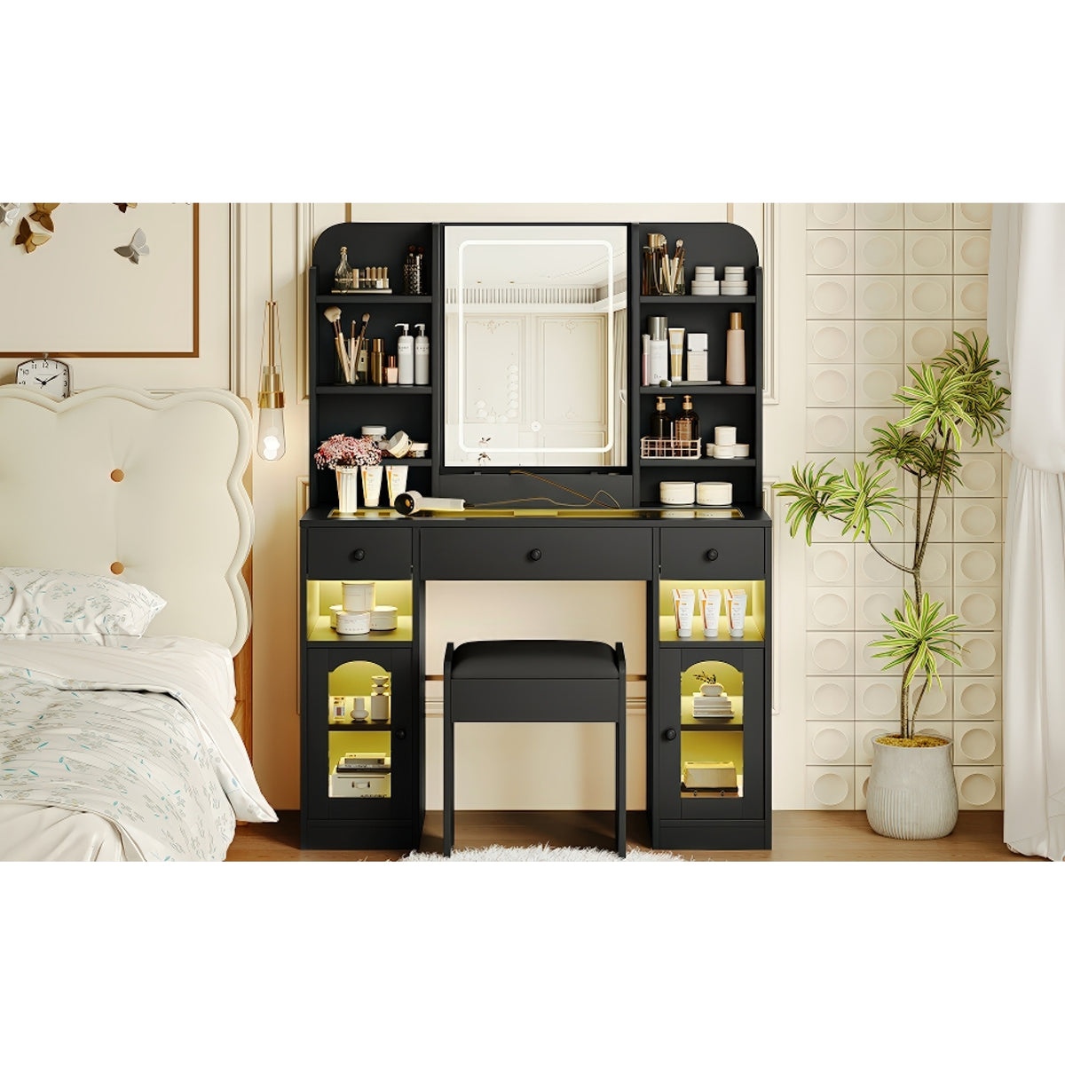 variant-group:rf-n704p407114b|Roomfitters 43.2" Makeup Vanity Desk with LED Lighted Mirror, Glass Door Cabinets, Charging Station and Stool, Black