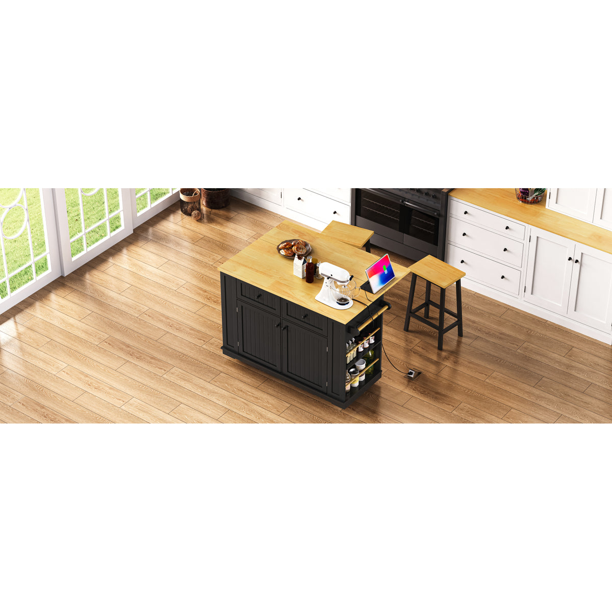 variant-group:rf-n707s257057b|Roomfitters 48" Kitchen Island with Power Outlet and Drop Leaf, Rolling Storage Cabinet with Wood Top and Spice Rack, Black