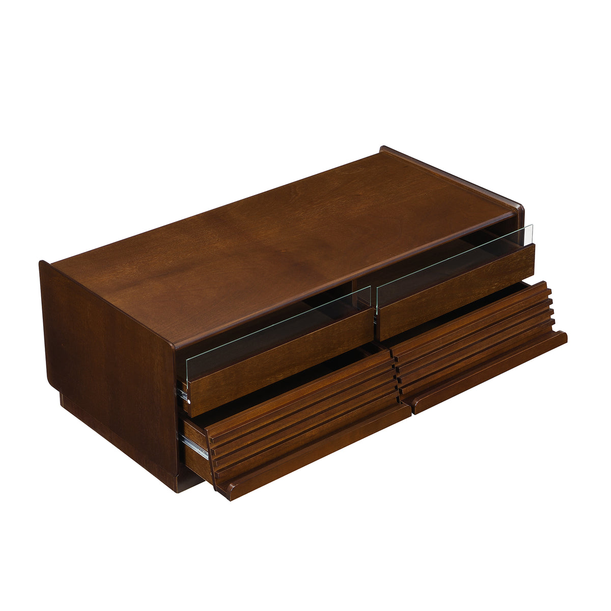 variant-group:rf-n724p286421d|Roomfitters Rectangle Coffee Table with Fluted Style, 4 Storage Compartments and Glass Display Shelves, Brown