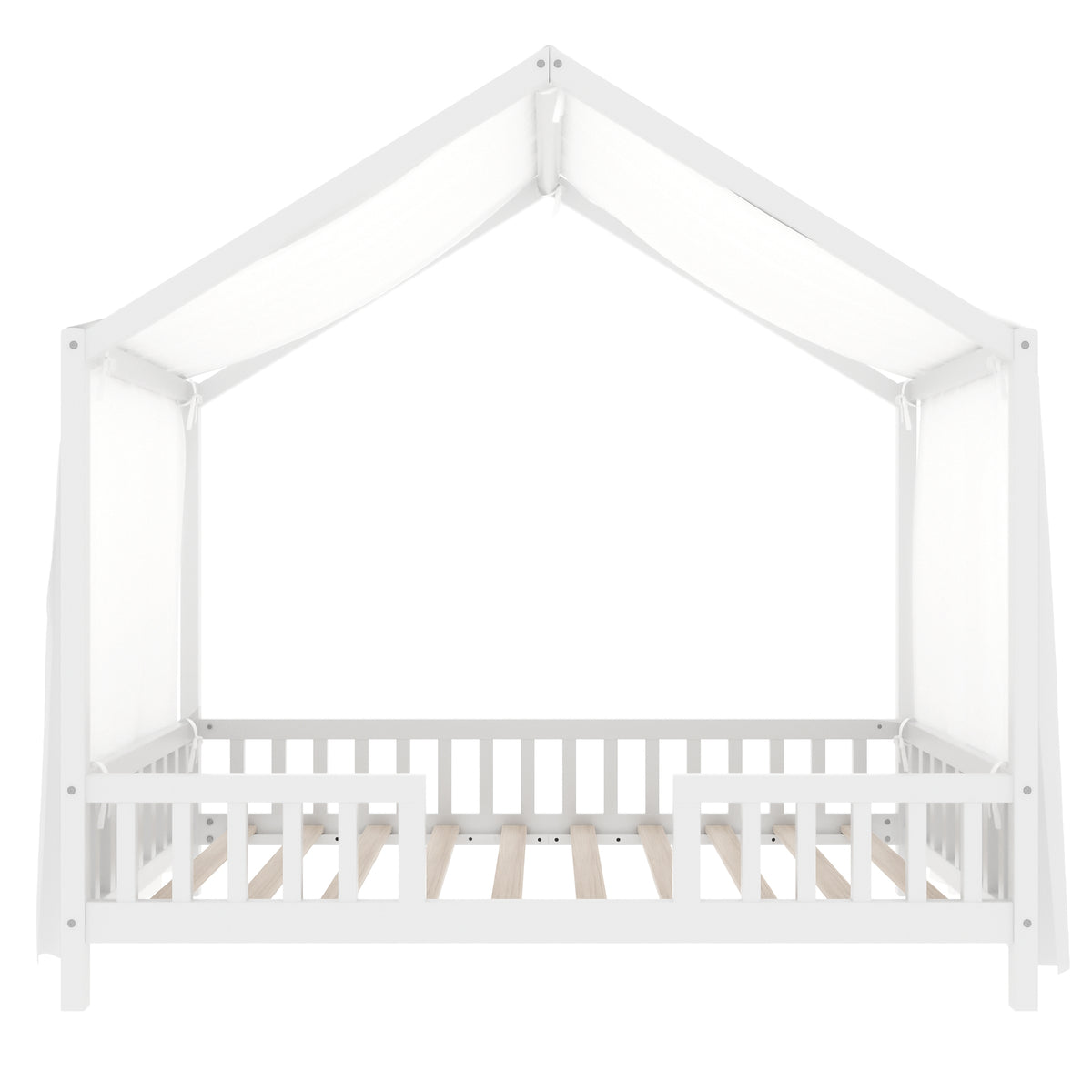 variant-group:rf-n733p356043k|Roomfitters Twin Montessori Floor Bed with Canopy, House Shape Wood Frame with Safety Rails, Youth Platform Bed, White