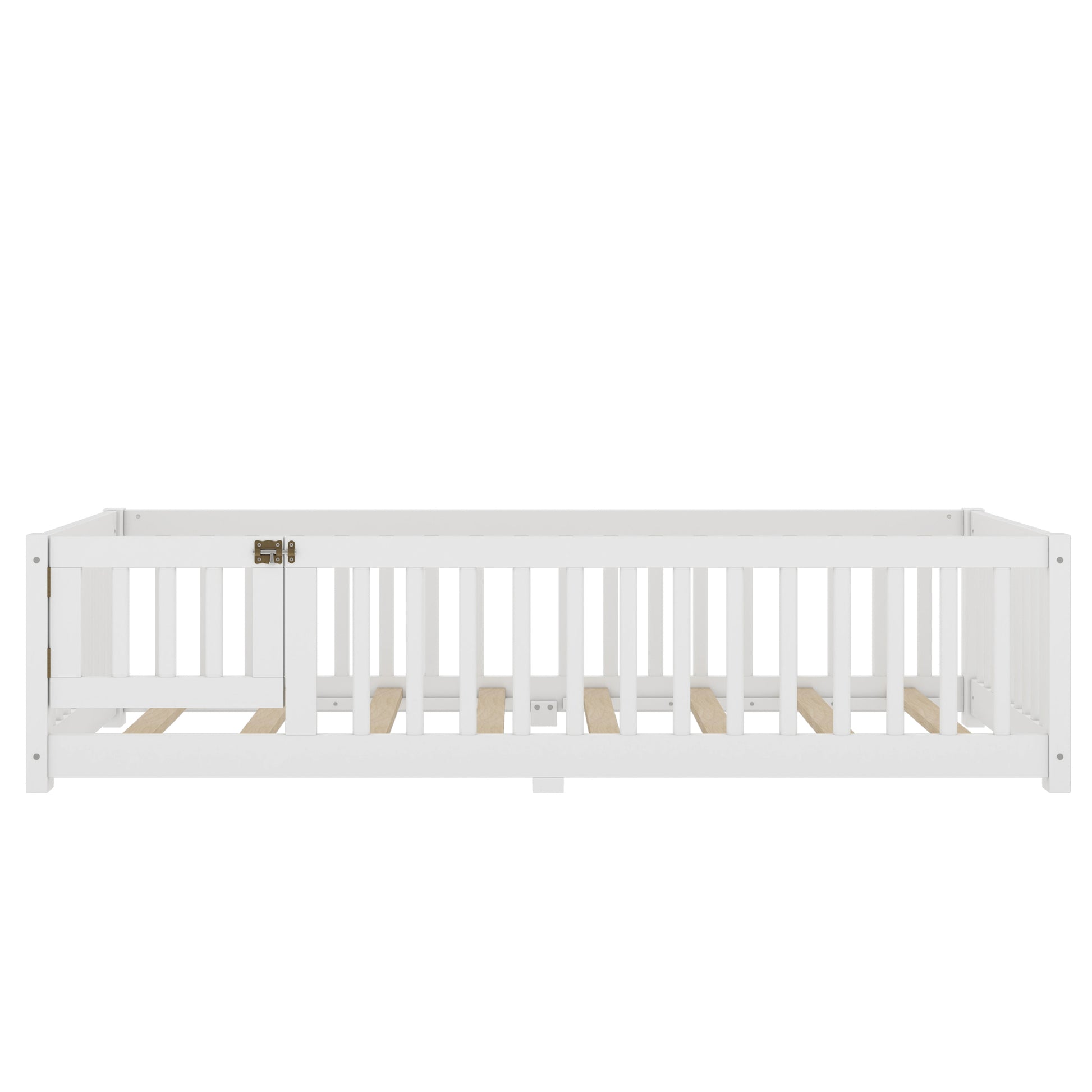 variant-group:rf-w1580p338944|Roomfitters Wooden Twin Floor Bed Frame with Door & Safety Guardrails, Low Platform Design for Bedroom or Playroom, White